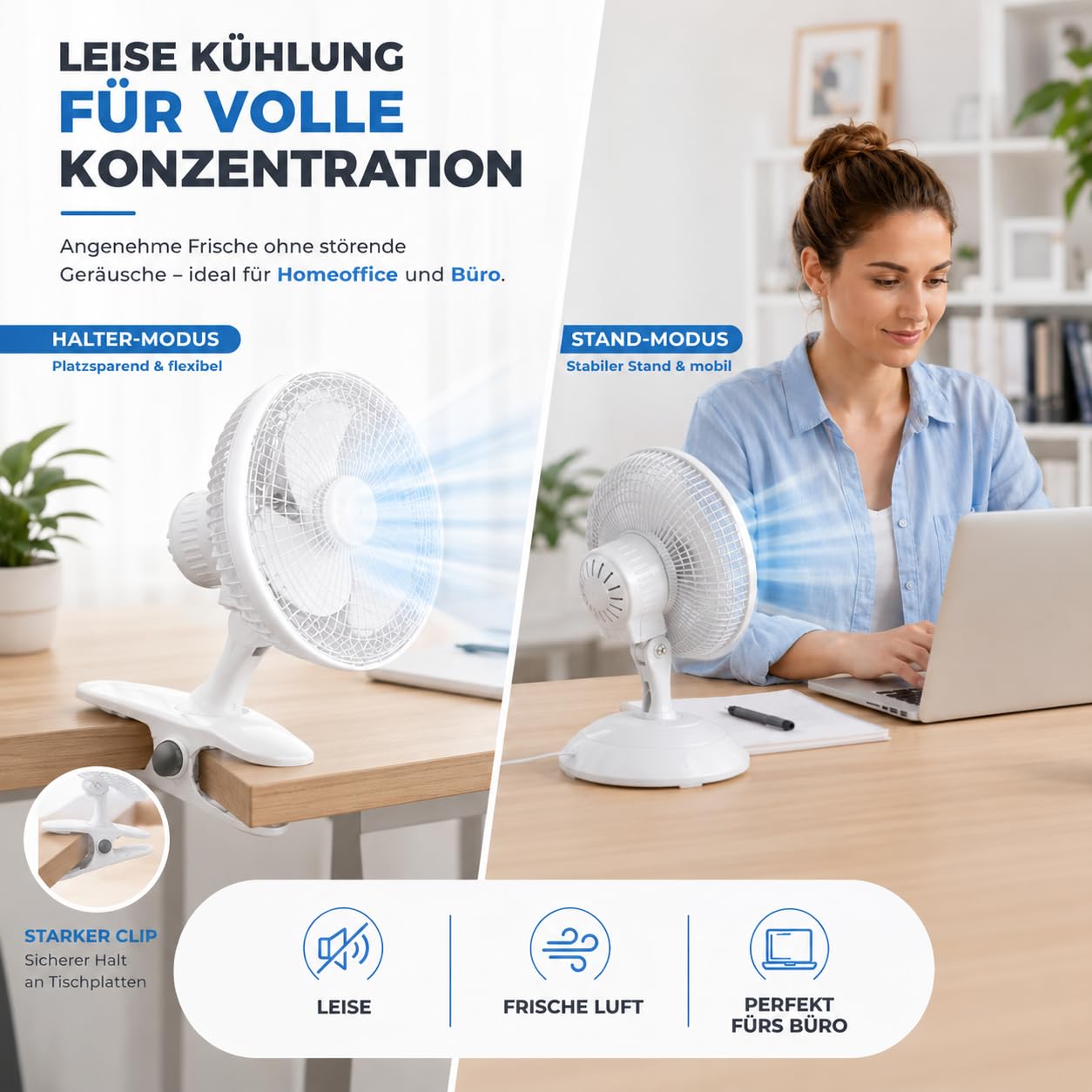 Leiser Tischventilator mit Clip & Ständer 20 cm 90° Schwenkfunktion 3 Leistungsstufen
