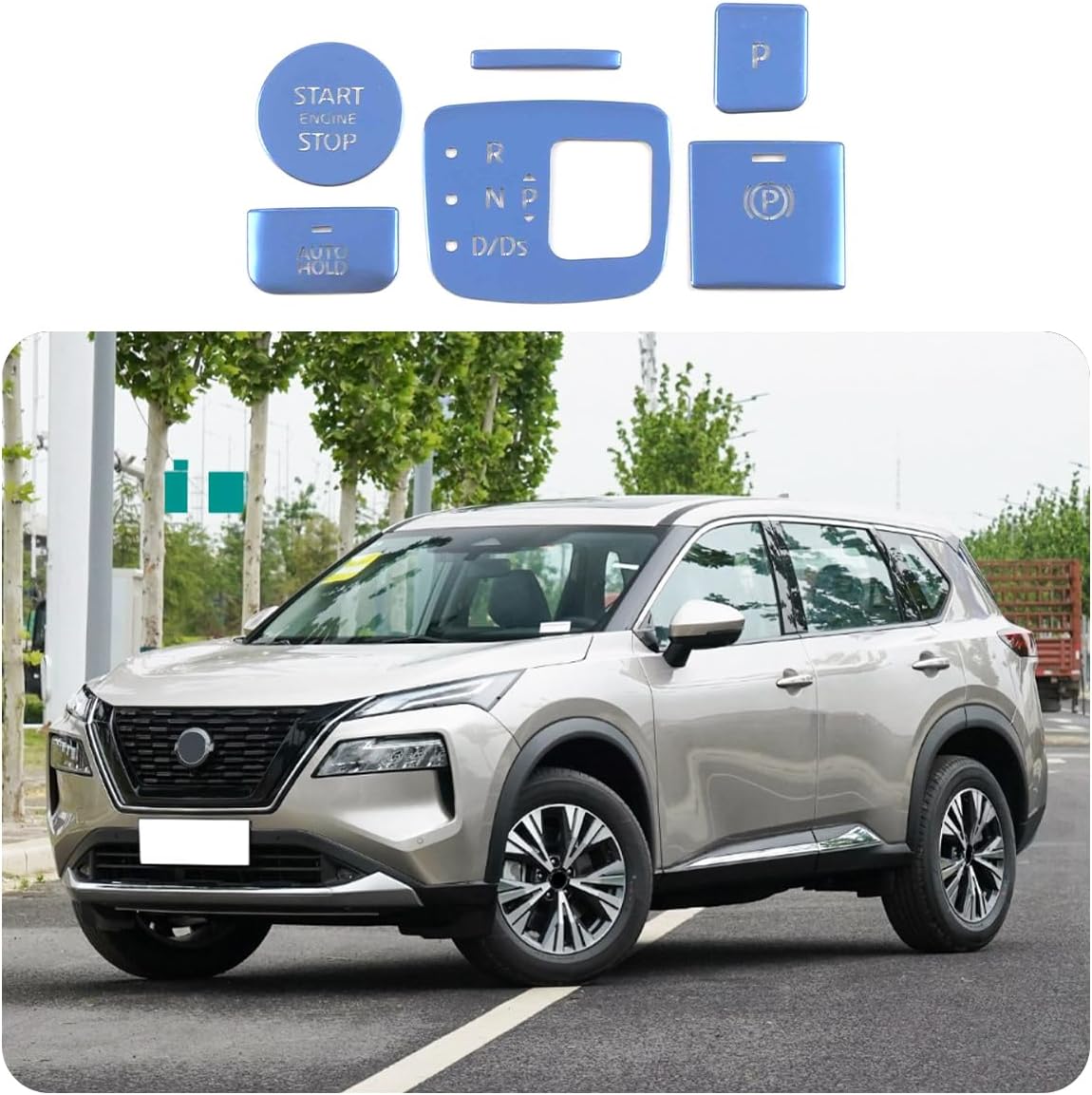 Car Accessories Fit for Nissan New Rogue 2021 2022 2023 2024 2025 2026 Central Control Gear Shift Button Sticker Aluminum Alloy (Blue) 6PCS Aluminum Alloy