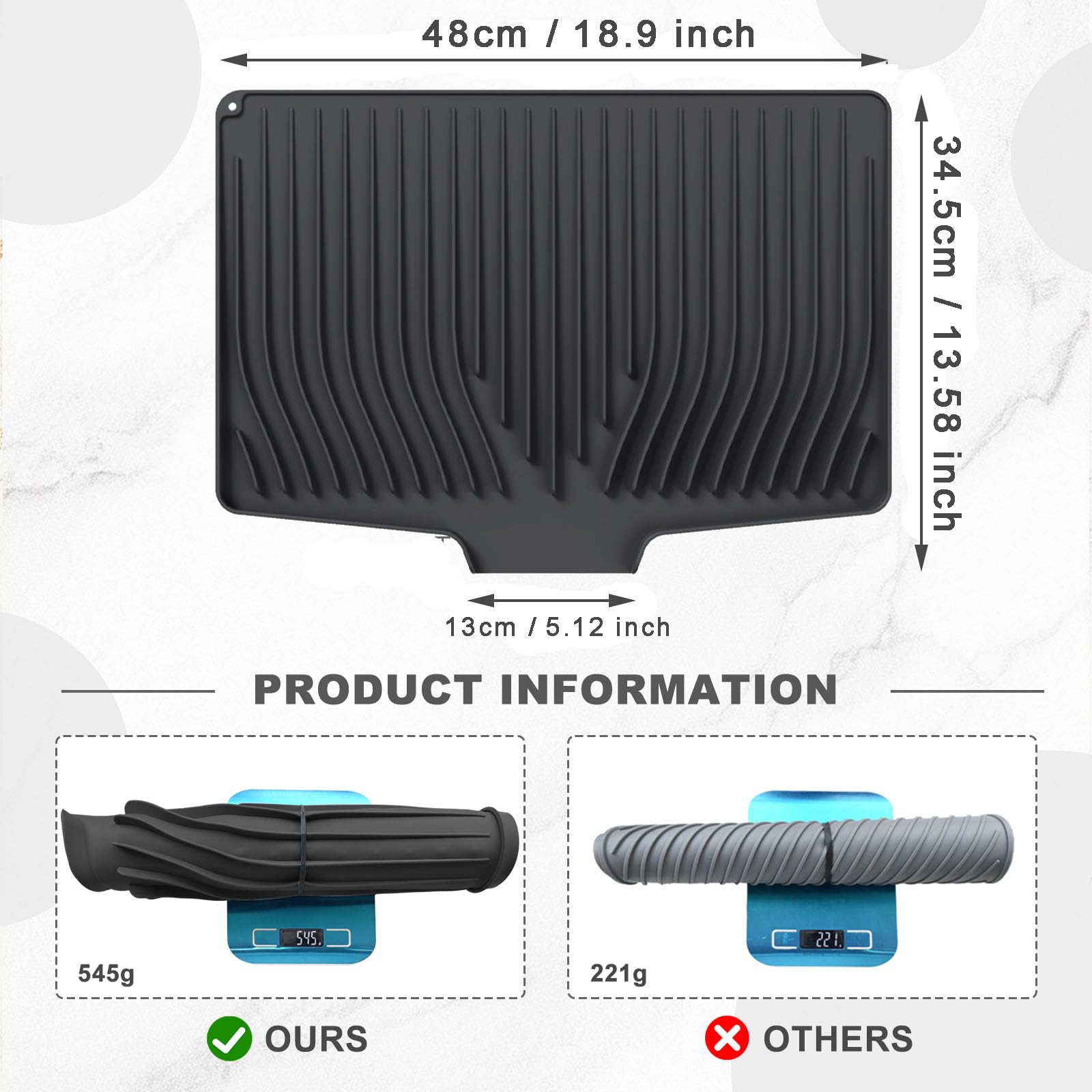 Large 18.9"x13.58" Silicone Dish Drying Mat Draining Board Mats Sink Drainer Mat Drying Coaster Collapsible Non-Slip No-Spill 446°F Heat Resistant for Kitchen Counter Countertops Worktop Saver (Black) - Image 2
