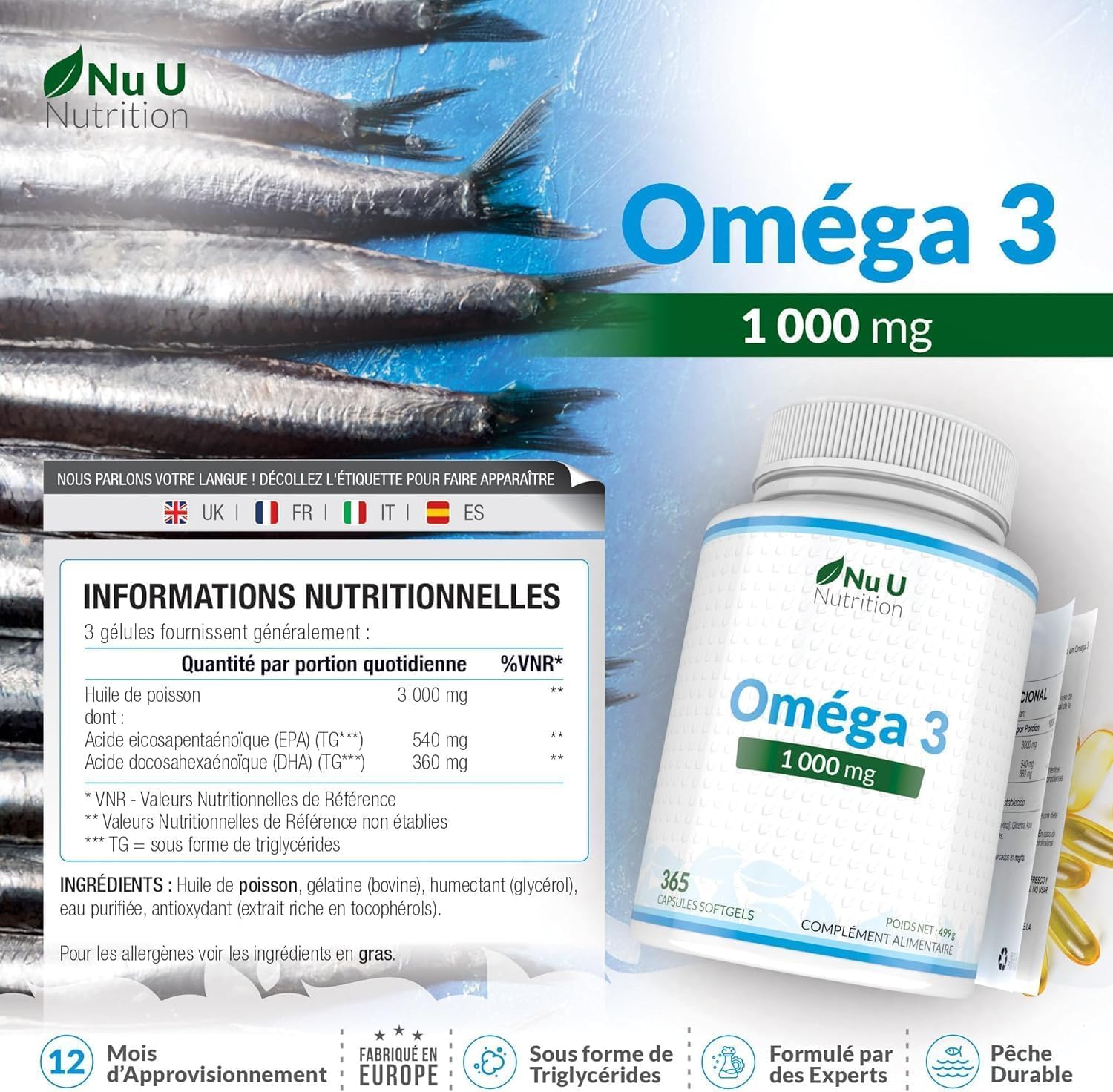 Omega 3 Fish Oil 1000 mg - Huile de Poisson - 365 Gélules - Cure d'1 An - Riche en EPA 540mg et DHA 360mg - Compléments alimentaires de Nu U Nutrition