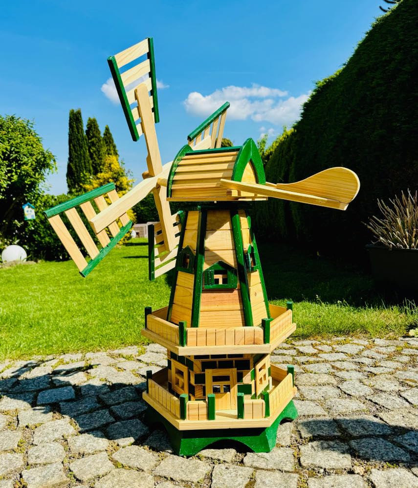 Handgefertigte sechseck Doppelstock Garten Windmühle aus Holz Natur/Grün Höhe 93 cm