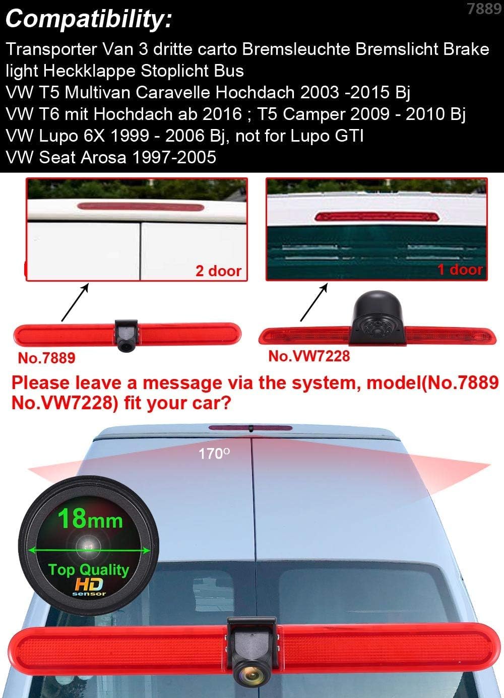 Światło hamowania kamera cofania + 7-calowy monitor LCD do VW T5 Multivan Caravelle wysoki dach / T6 z wysokim dachem od 2016 / T5 Camper / Lupo 6Xj / Seat Arosa