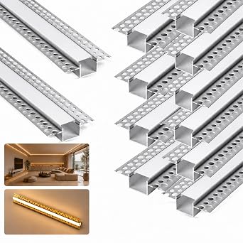 12 Pack 6.6FT/2M Plaster-In LED Aluminum Channel, Recessed Drywall Profile | Trimless LED Strip Profile with Milky Diffuser Cover and End Caps for Wall and Ceiling Embedded Lighting