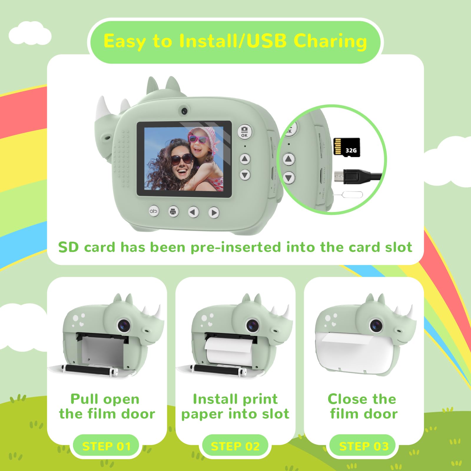 CAMCLID Appareil Photo Instantané Enfants, Appareil Photo Numérique à Impression Instantanée Enfants avec Carte 32GB, 12MP/1080P Selfie Caméra Vidéo, Cadeau pour Filles Garçons 3-12 Ans (Vert)