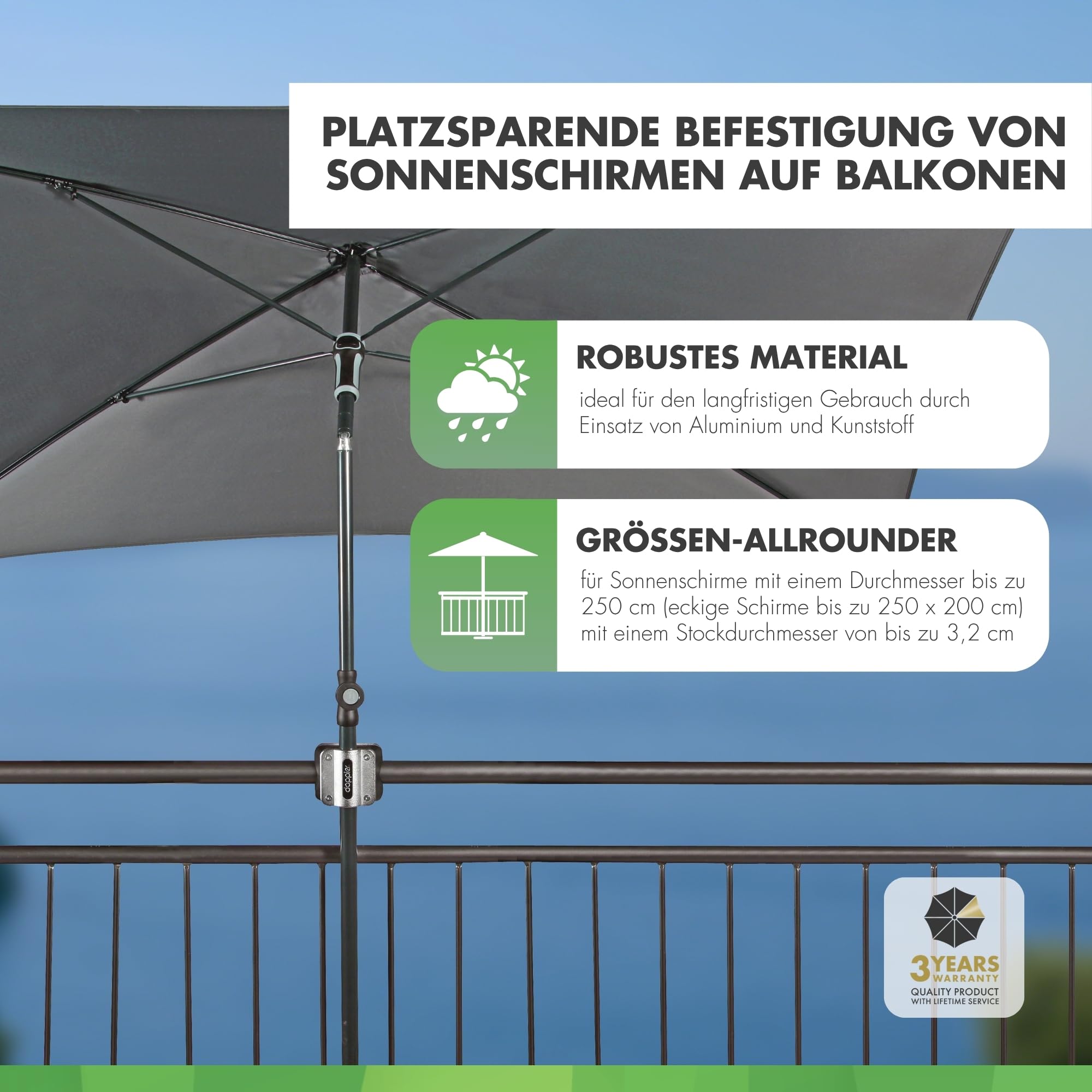 Doppler Balkonklammer Fix Vario – Praktische Balkonhalterung zur Montage eines Sonnenschirmes an runde Geländer – Platzsparend
