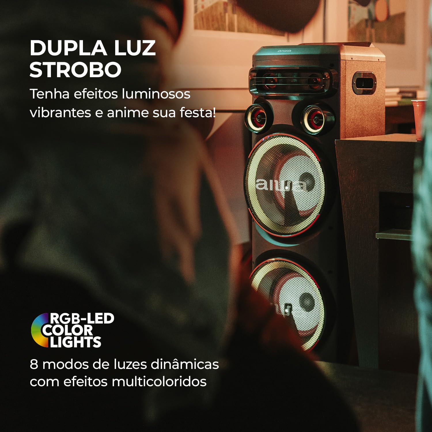 Aiwa AWS-T2W-02 Sound Tower showcasing dual strobo and RGB LED lights