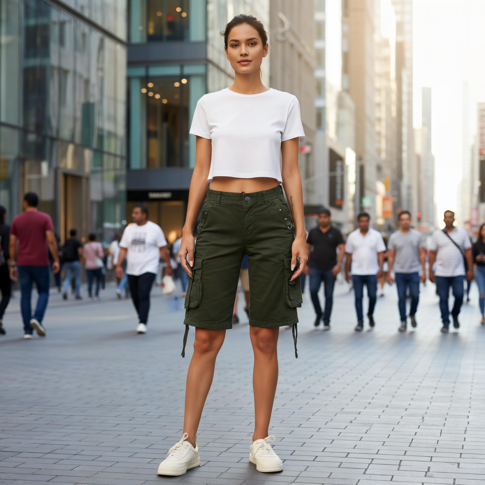 Aeslech Bermuda décontracté pour femme avec poches multiples