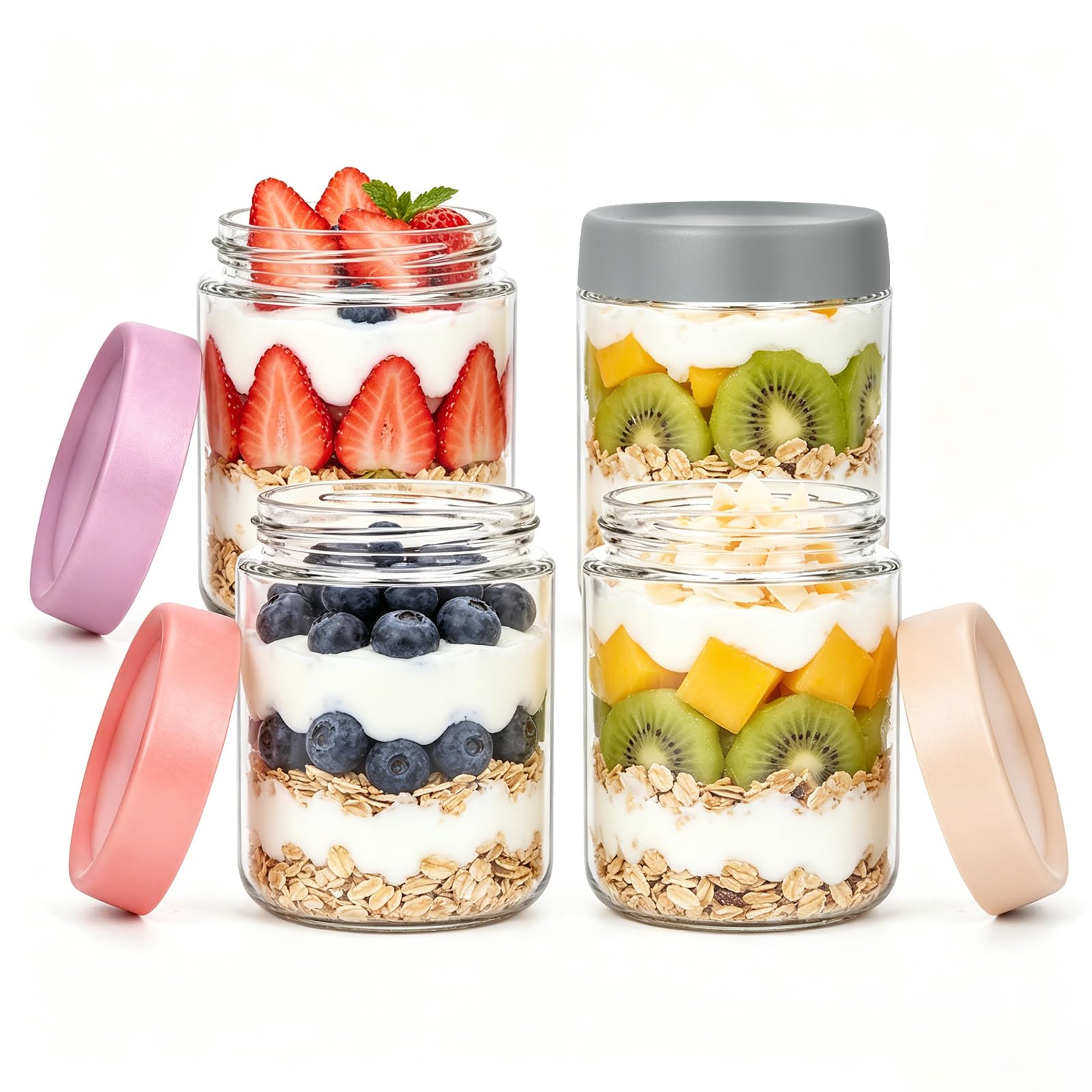 Savorella 4 Pack Overnight Oats Containers with Lids, 500ml/16oz Wide Mouth Mason Jars, Glass Food Containers with Airtight Lids for Overnight Oats Jars for Yogurt, Meal Prep, Chia Pudding (4)