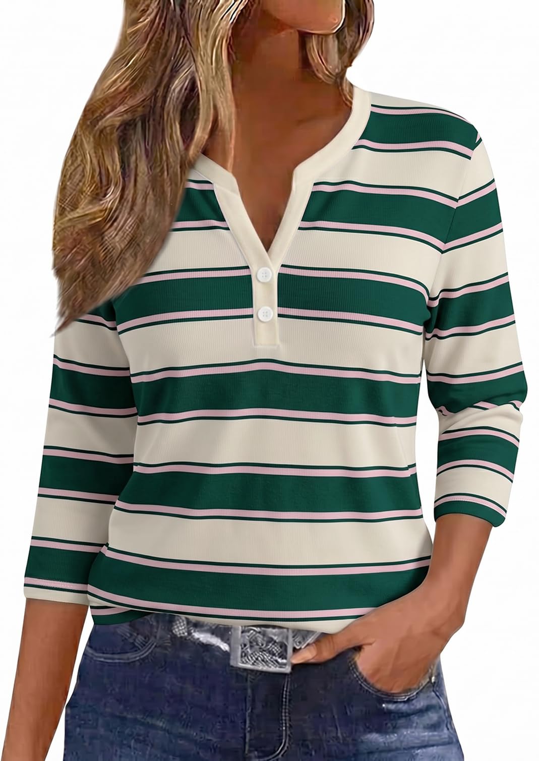 YUTILA Tee Shirt à Rayures pour Femme - T-Shirt à Manches 3/4 - Chic et élégant Top à Col en V - Décontracté Haut, Basique Tshirt