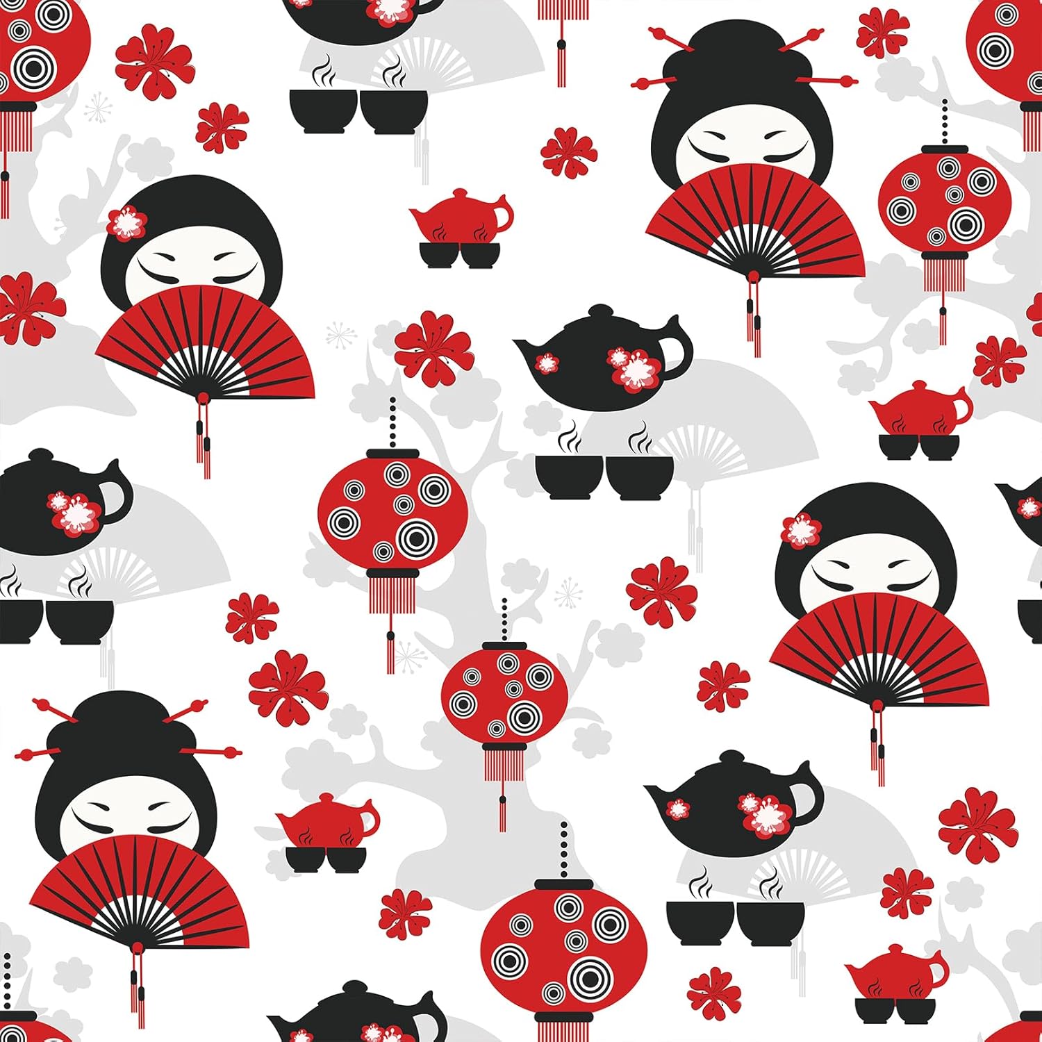 LaCheery Japanese Peel and Stick Wallpaper Red Black White Wallpaper Peel and Stick Kitchen 17.5"x276" Red Folding Fan Japanese Style Floral Mural Wall Paper Removable Contact Paper for Cabinets Walls