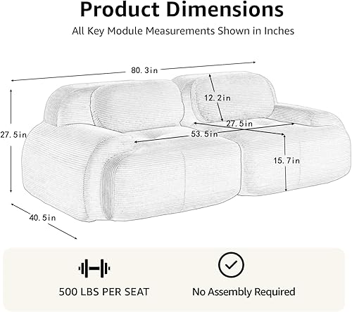 Miniatura 2 de Sofás modulares modulares sin hueso de 82 pulgadas para sala de estar, juego de sofá comprimido de 2 plazas, no requiere montaje, tela de pana,