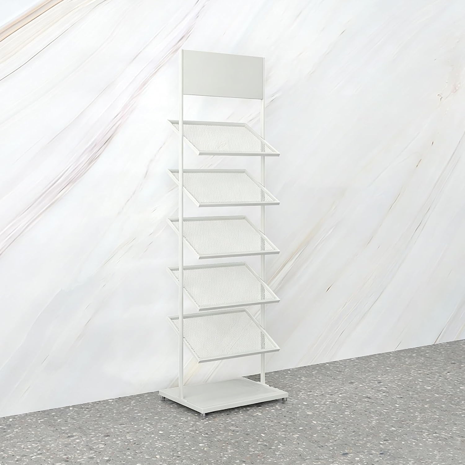 Freestanding Wooden Display Stand With Metal Tile Rack And Baffle, Holds Up To 110 Lbs, Gold Finish, Ideal For Home Or Retail Use,White 5-Tier-L 87Cm/34.3In