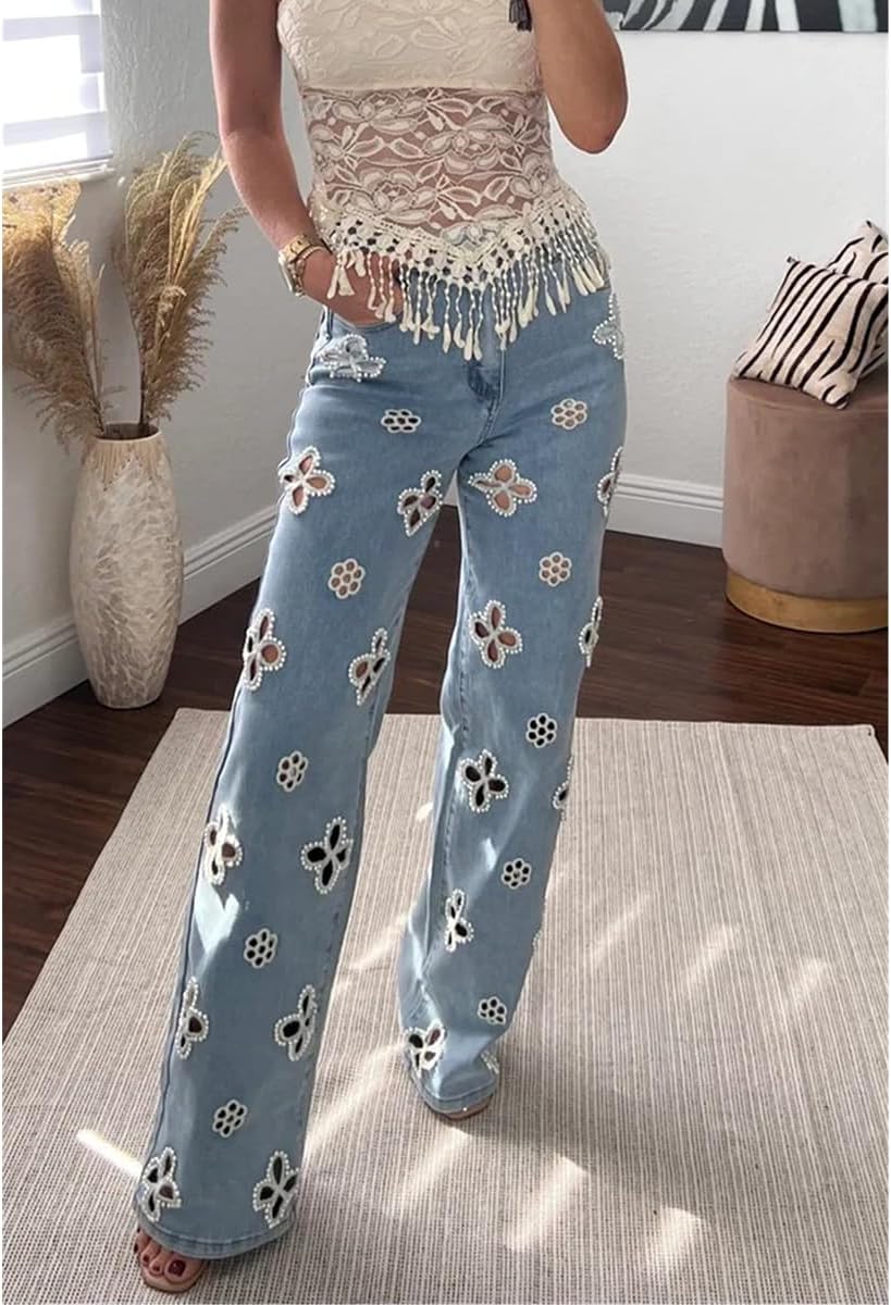 Women's High Waisted Wide Leg Jeans Trendy Stretch Pearl Floral Openwork Embellished Denim Pants - Image 5