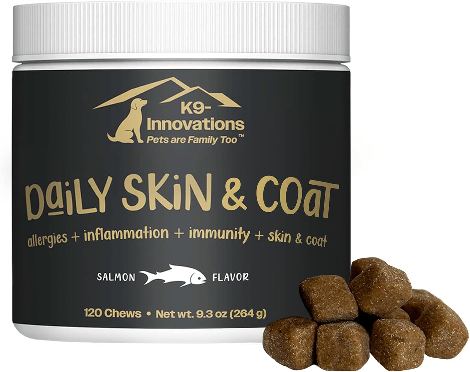 K9-Innovations - Daily Skin & Coat Dog Chews Salmon Flavor - Reduce Itching & Paw Chewing, Omega 3 & VIT C for Skin Health - 1-4 Month Supply (120qty)