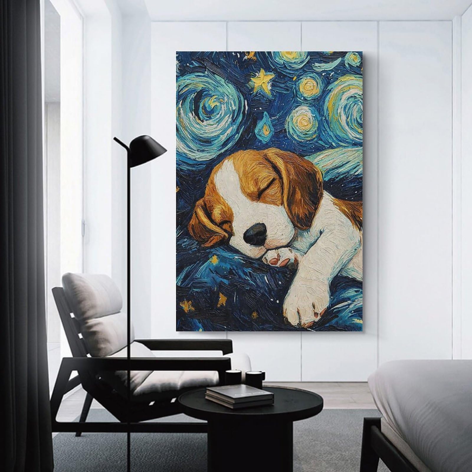 Junmoney Unframe-Style-18 Beagle Puppy Starry Night Wall Picture Print, 08X12inch(20X30cm), For Lounge, Study, Hallway Or Flat Walls, Canvas Wall Art That Fits Changing Layouts