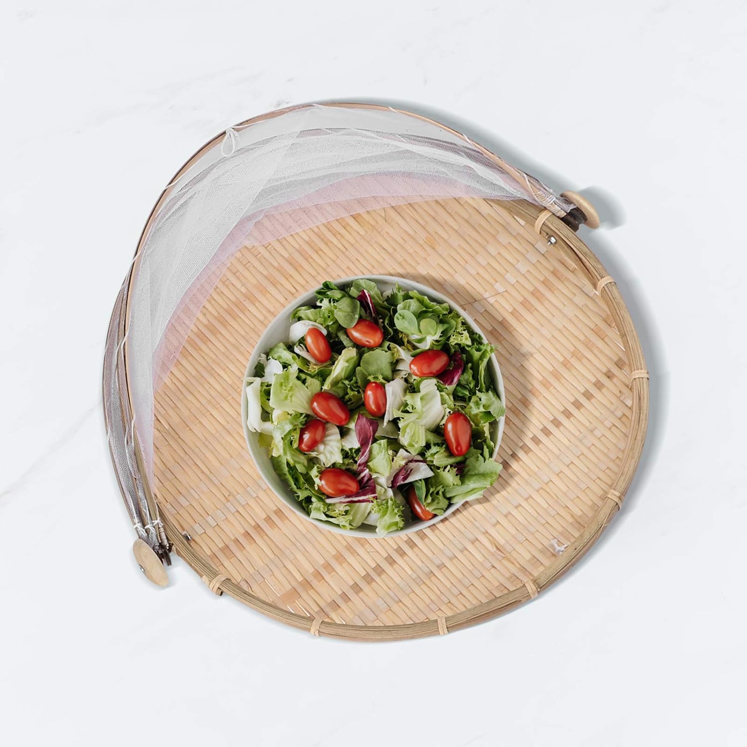 DOITOOL Bamboo Basket 2Pcs Wicker Fruit Mesh Covers Bamboo Woven Food Tents Plate Serving Covers Vegetable Basket Storage Containers for Dining Outdoor Picnics Keep Out Fruit Tray