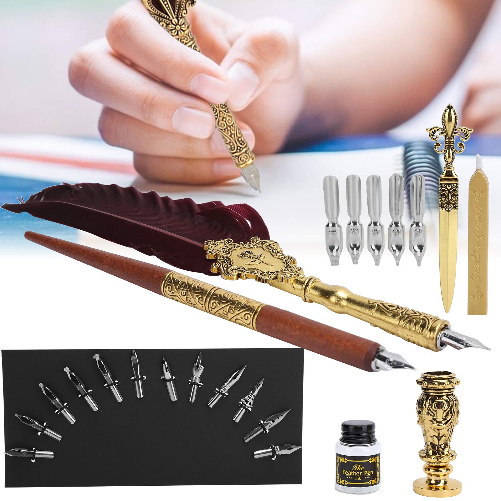 Kit de calligraphie pour stylo plume vintage avec 12 plumes fantaisie et 5 plumes d'art pour écrire la collection d'artisanat de dessin(#1) Stylo plume School Supplies School Supplies