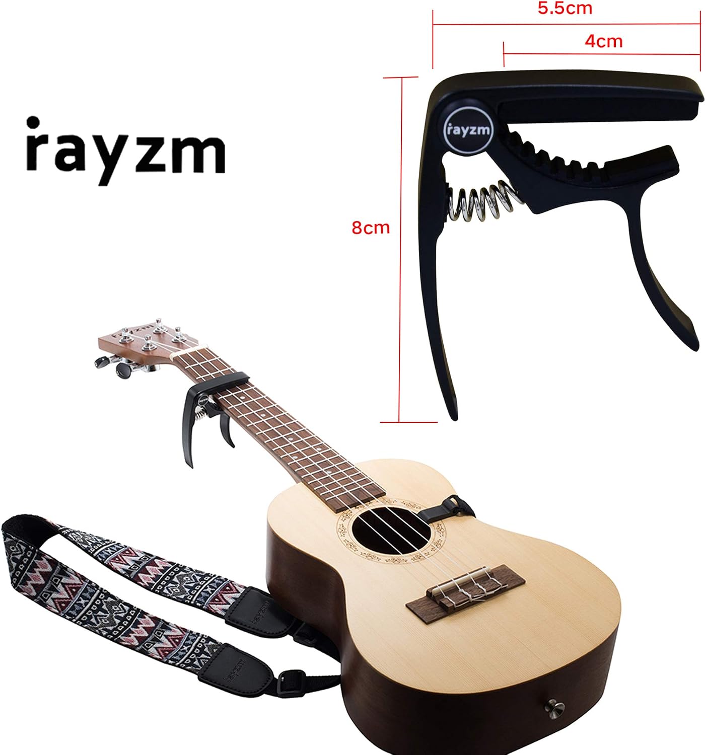 Rayzm Ukulele Strap & Zinc Ukulele Capo, Adjustable Soft Cotton Neck Sling Strap for Ukulele, Button-Free Cross-Chest Loop Style Ukulele Strap