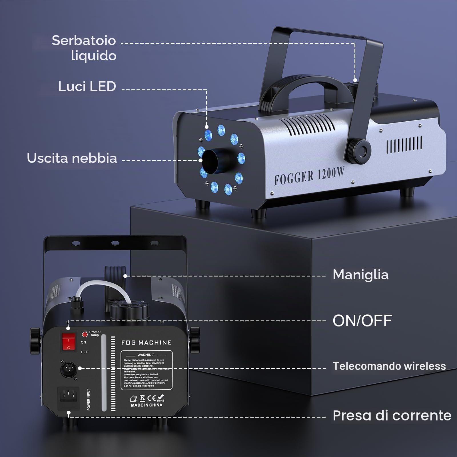Macchina del Fumo 1200W 9 RGB LED Portatile Macchina del Fumo con Telecomando Wireless per Feste DJ Bar Club Spettacoli Teatrali Matrimonio Halloween