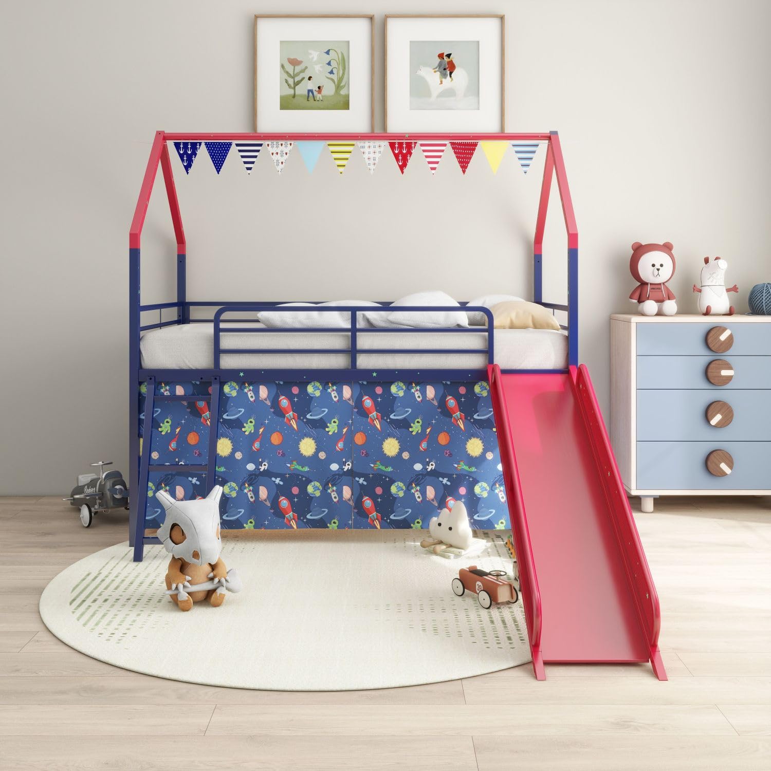 Jack Metal Junior House Twin Loft Bed with Slide and Curtain Set, Superhero Color Navy Blue/Red