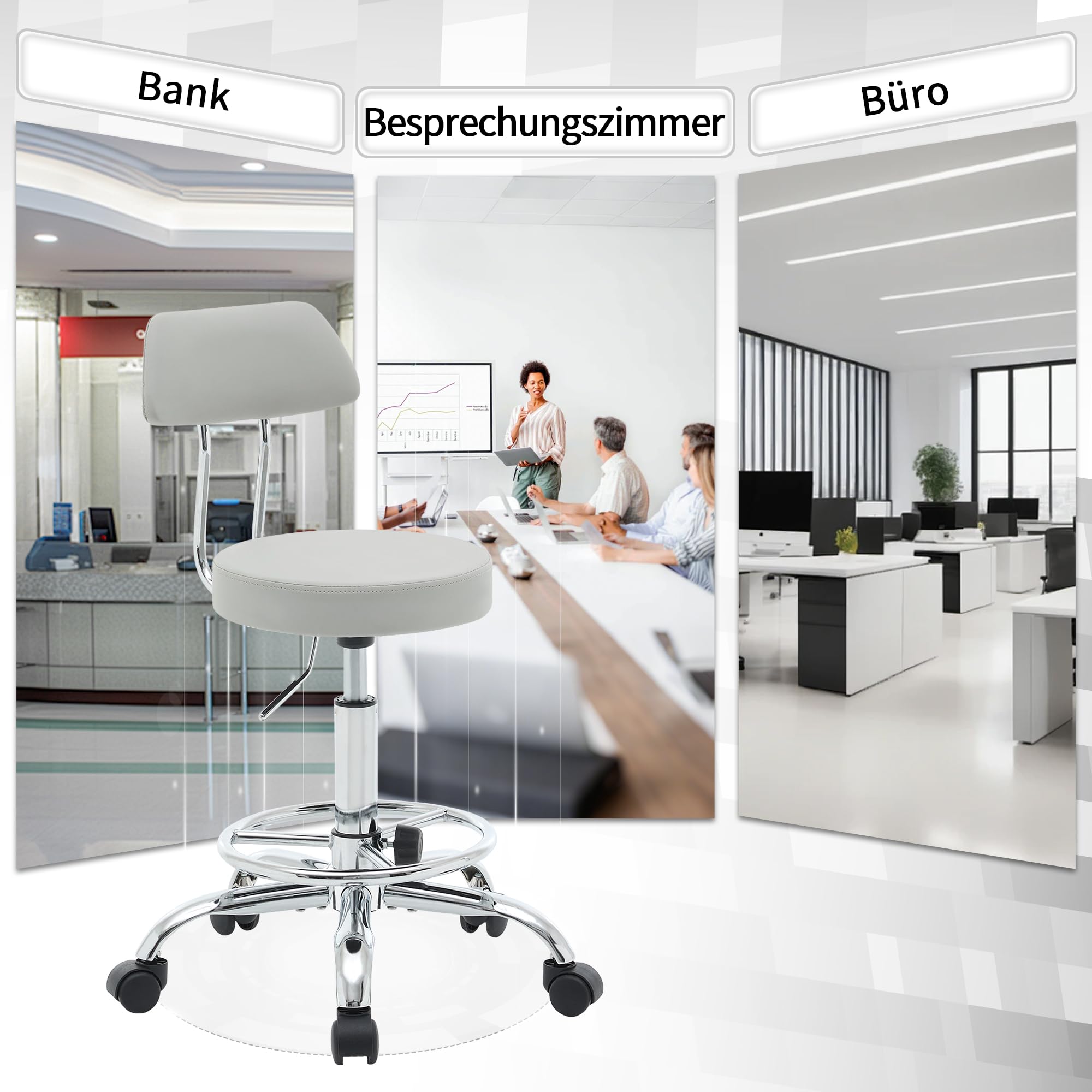 FIRAVOE Ergonomischer Büro-Zeichenstuhl, höhenverstellbarer Rollhocker mit Fußstütze 49,5–67,6 cm, Laborhocker aus Kunstleder mit Rückenlehne
