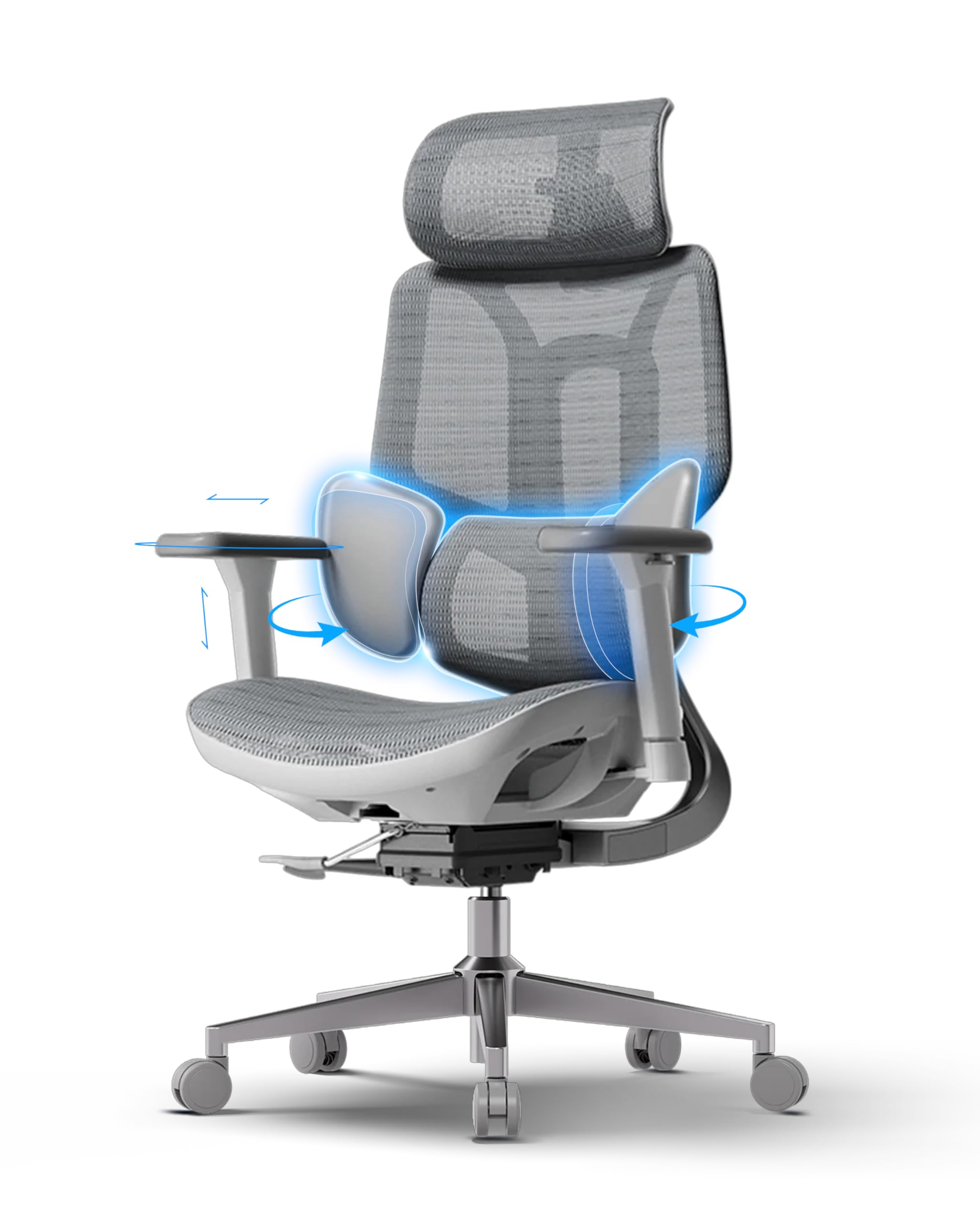 Hbada E3 Air Silla de Oficina Ergonomica - Soporte Lumbar Dinámico de 3 Zonas, Reposacabezas 3D y Brazos 4D, Silla Ergonomica Escritorio Sin Pedales (Gris)