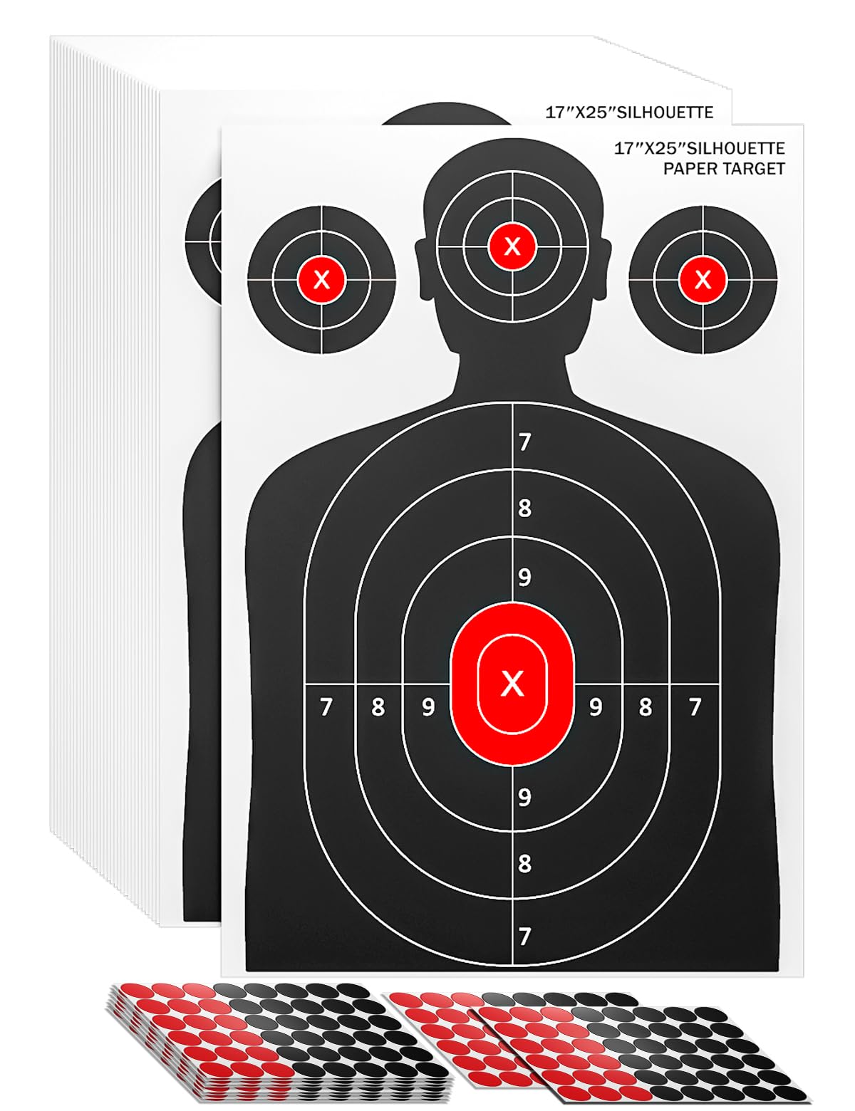LAKINGO 50 Pack Paper Shooting Targets for Range, 17x25 Inch Silhouette Targets for Indoor/Outdoor Shooting with 480 Stickers, Compatible with Pistol, Rifles, air Gun, and BB Gun Practice