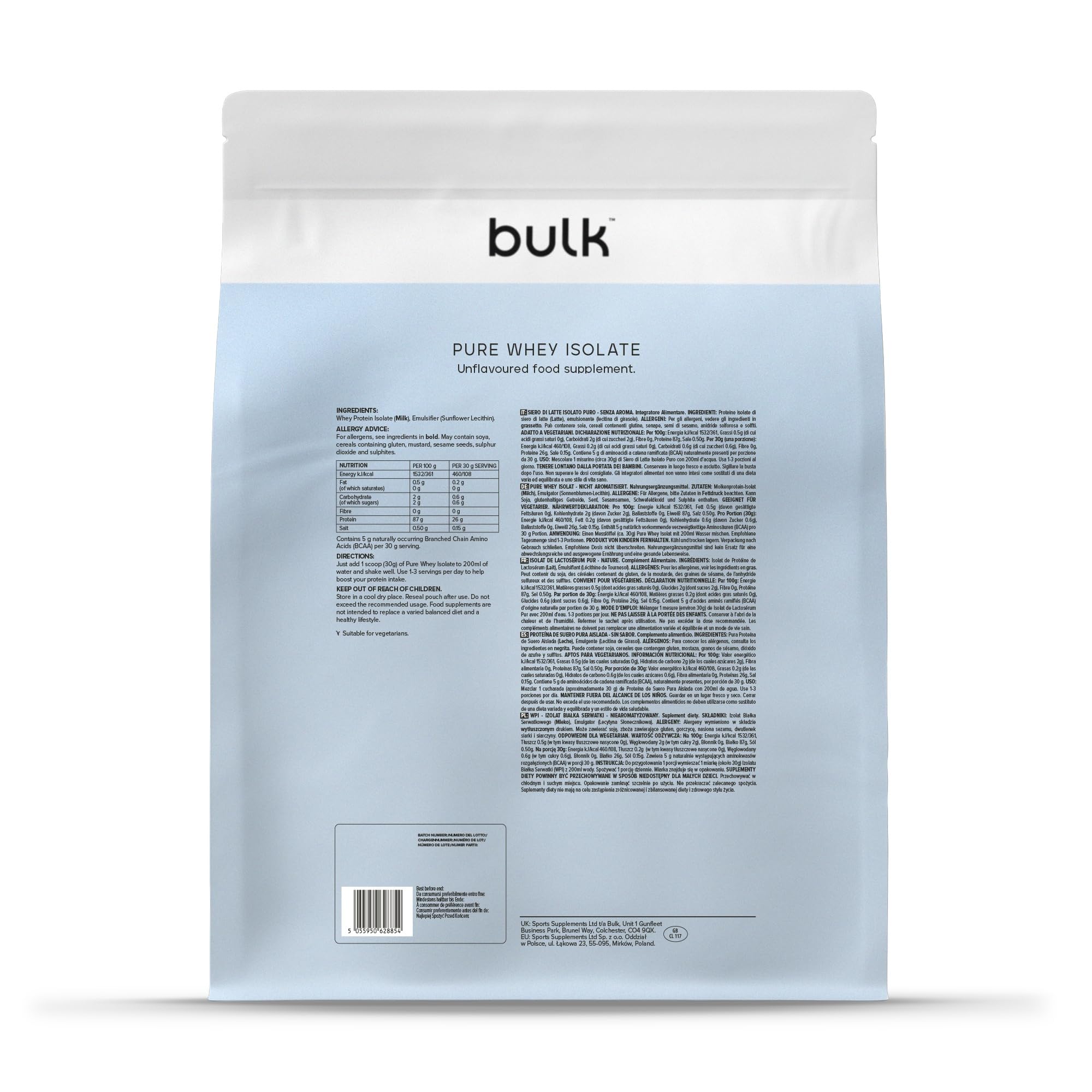 Bulk Pure Whey Isolate, Nature, 2kg | 24 à 26g de Protéines, 100% Isolat de Whey, Faible en Sucres et Lipides, Mélange Facile, Contribue au Maintien Musculaire