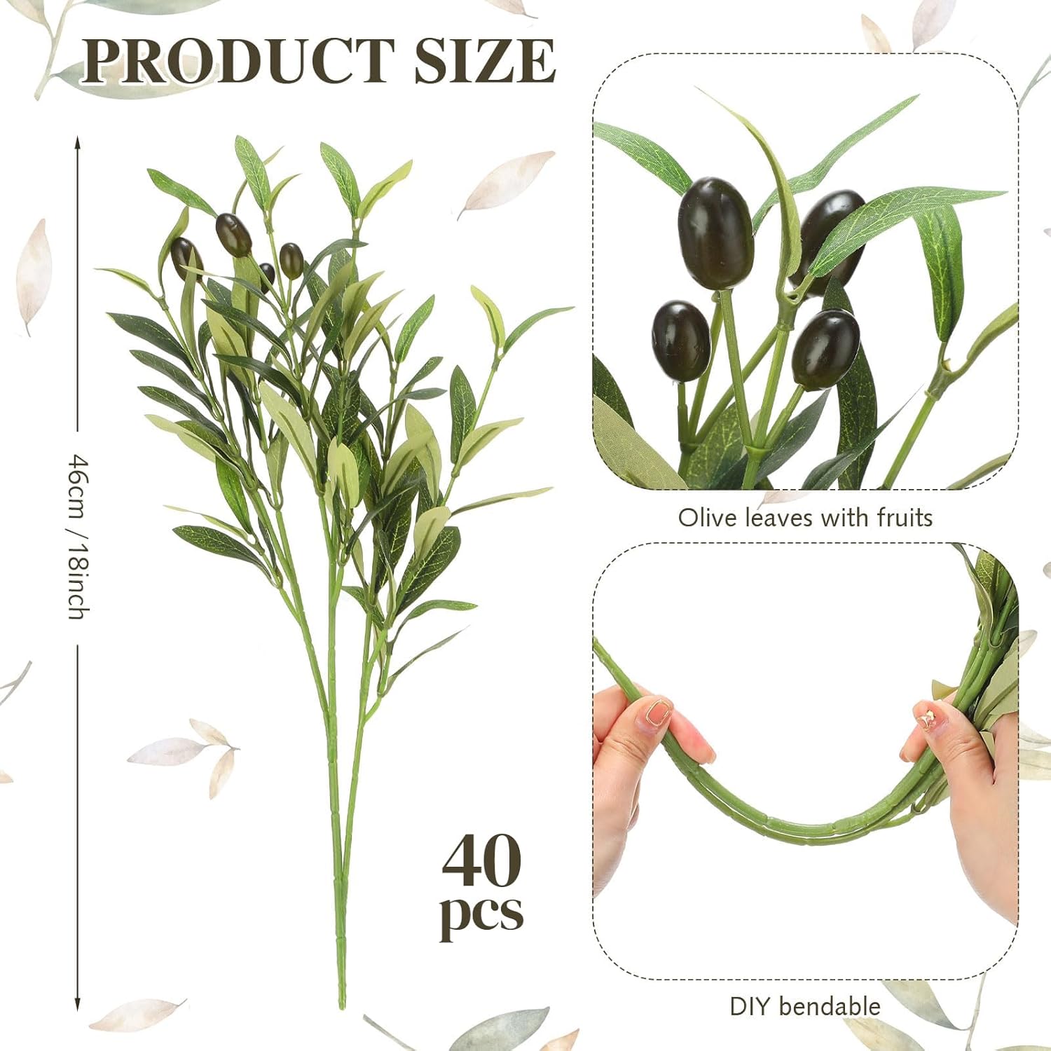 40 Pcs 18'' Artificial Olive Branches for Vases Faux Olive Branches Silk Plant Artificial Leaves Fake Fruits Tree for Tabletop Home Office Decoration
