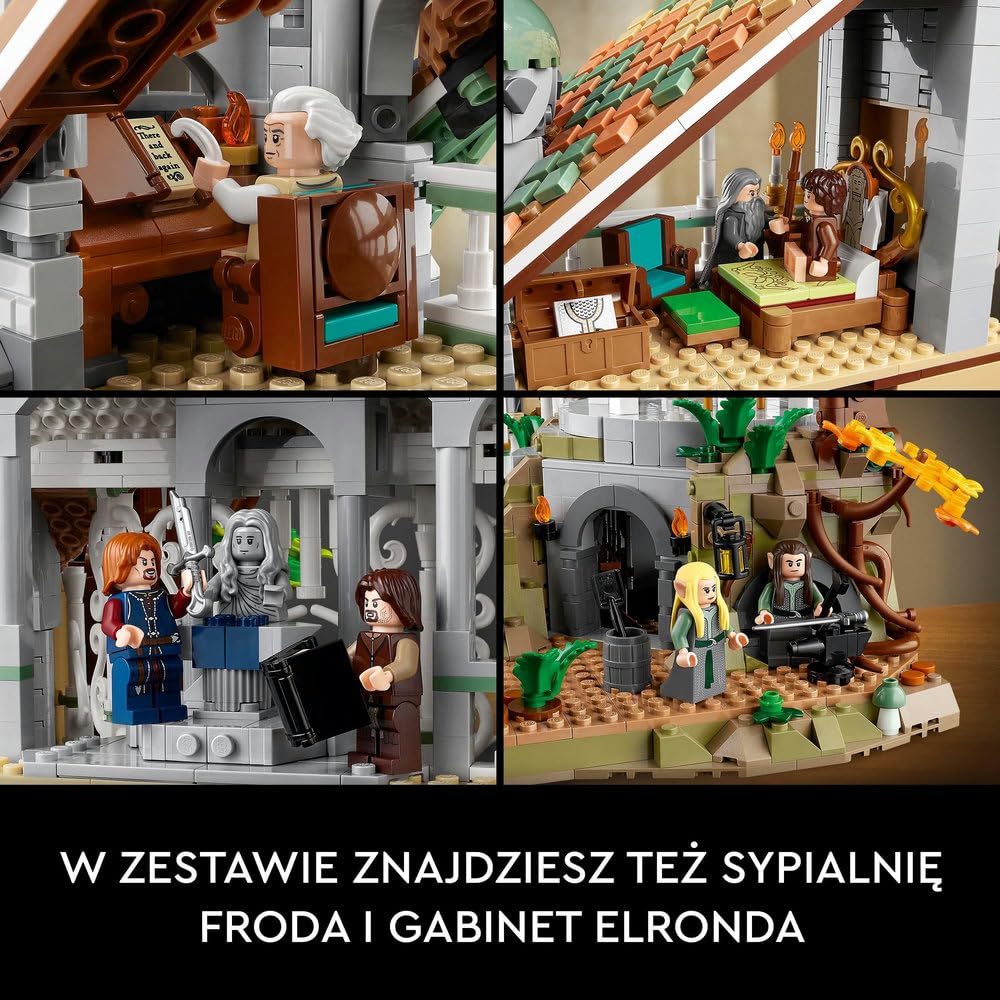 LEGO 10316 Icons WŁADCA PIERŚCIENI: RIVENDELL, duży zestaw klocków konstrukcyjnych dla dorosłych z 15 minifigurkami, w tym Frodo, Sam i Bilbo Baggins, replika Rivendell, pomysł na prezent