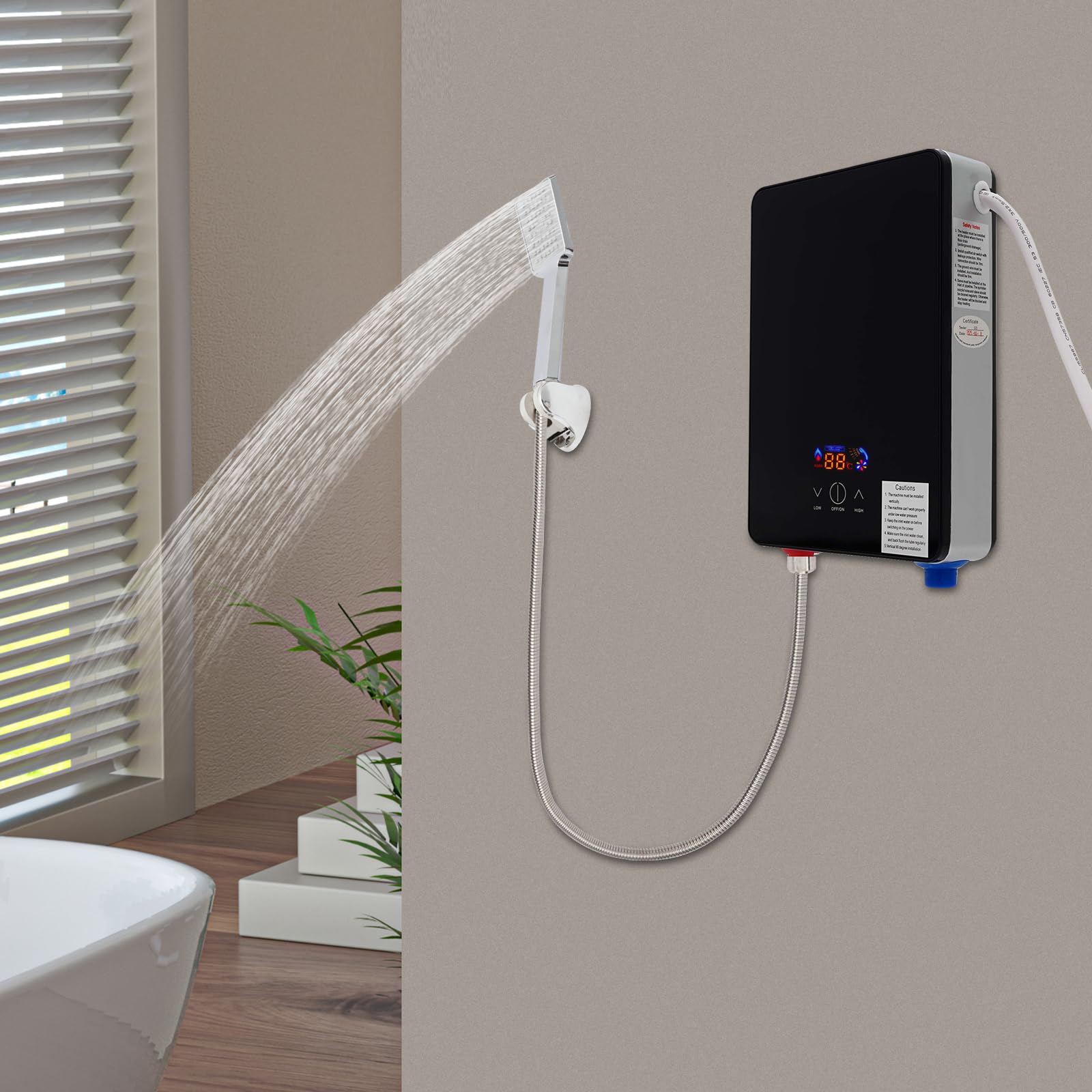 Calentador de agua eléctrico de 6500 W, 220 V, mini calentador de agua con cabezal de ducha, portátil, con indicador LED, sin depósito, calentador de agua para cocinas