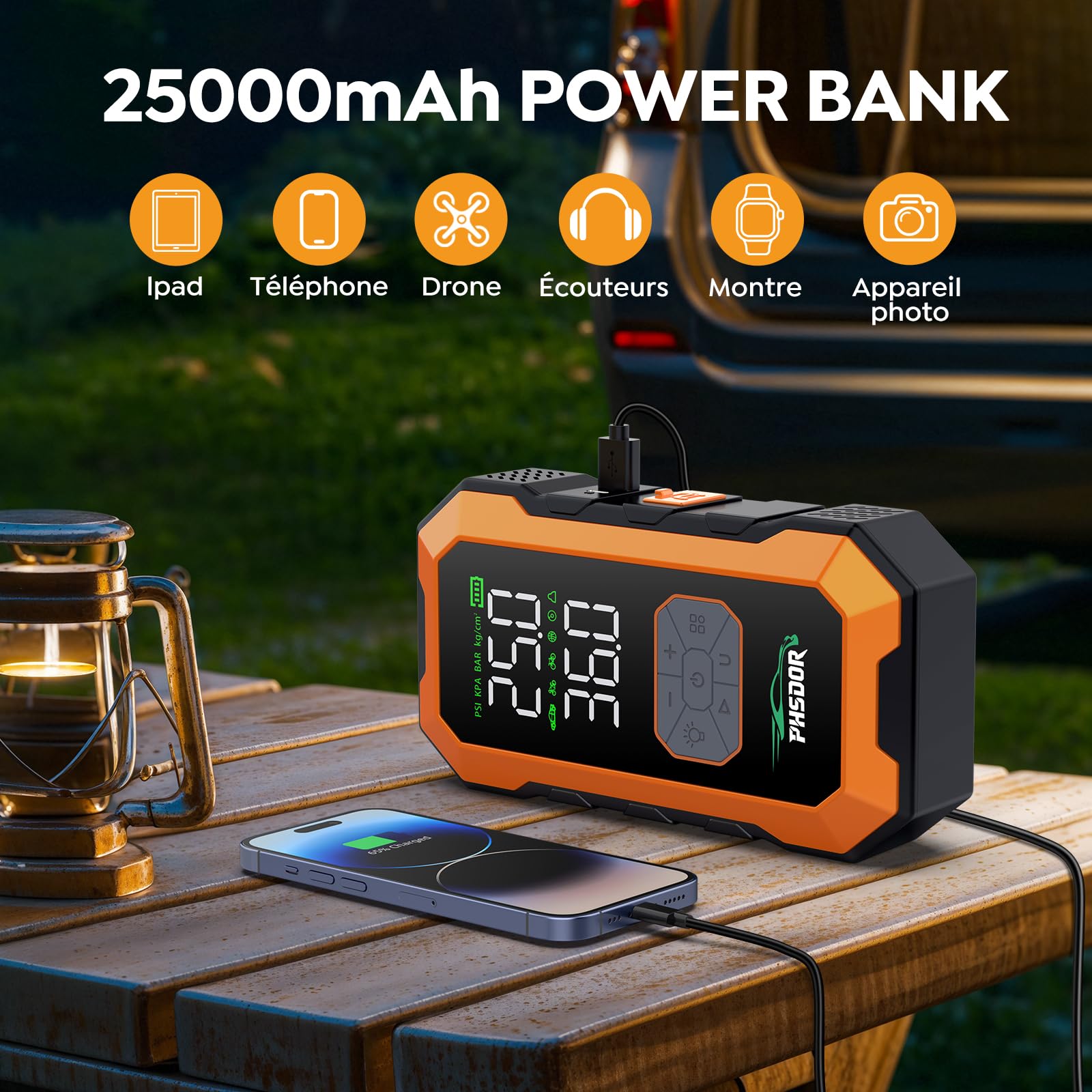8000A Booster Batterie Voiture avec Gonfleur 150PSI, 25000mAh Démarreur Batterie Voiture (Tous Gaz ou 10L Diesel), 12V Booster de Batterie, Jump Starter avec Lumière LED (Orange)