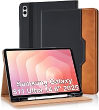Case for Samsung Galaxy S11 Ultra 14.6 inch 2025 (SM-X936B/ SM-X930) PU Leather with S Pen Holder,Hand Strap Flip Cover for Galaxy S11 Ultra with Pockets,Multi-Angle Viewing Protective, Black