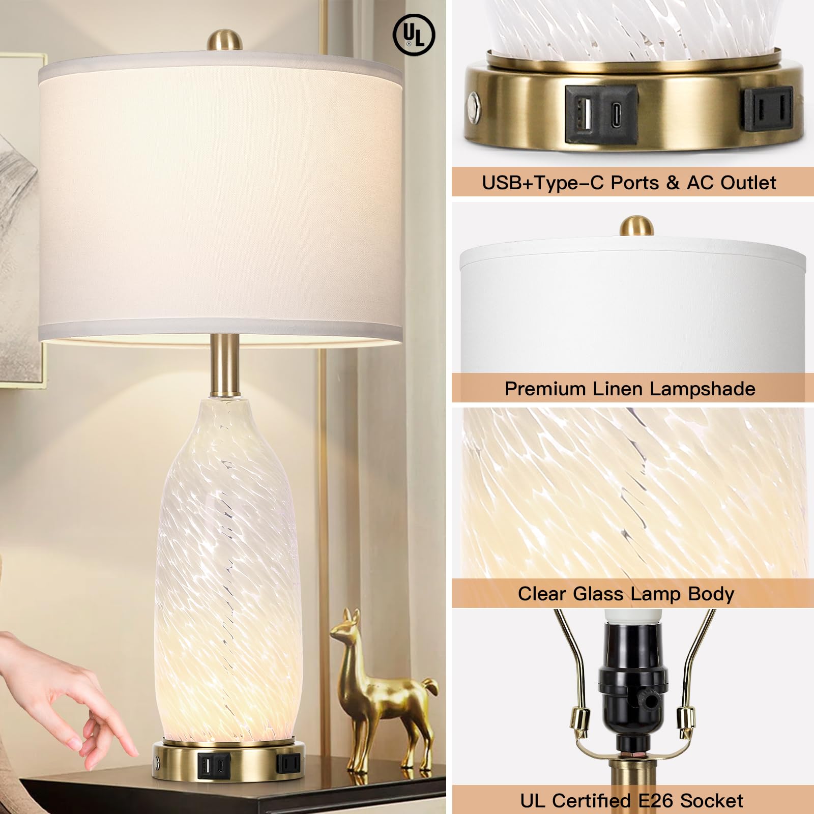 Rinweey 26 Zoll Moderne Klarglas Tischlampen 2er Set, Nachttischlampe mit USB A+C Port und AC-Ausgang, 3 Wege Dimmbar Touch Control Nachtlicht für Schlafzimmer Wohnzimmer