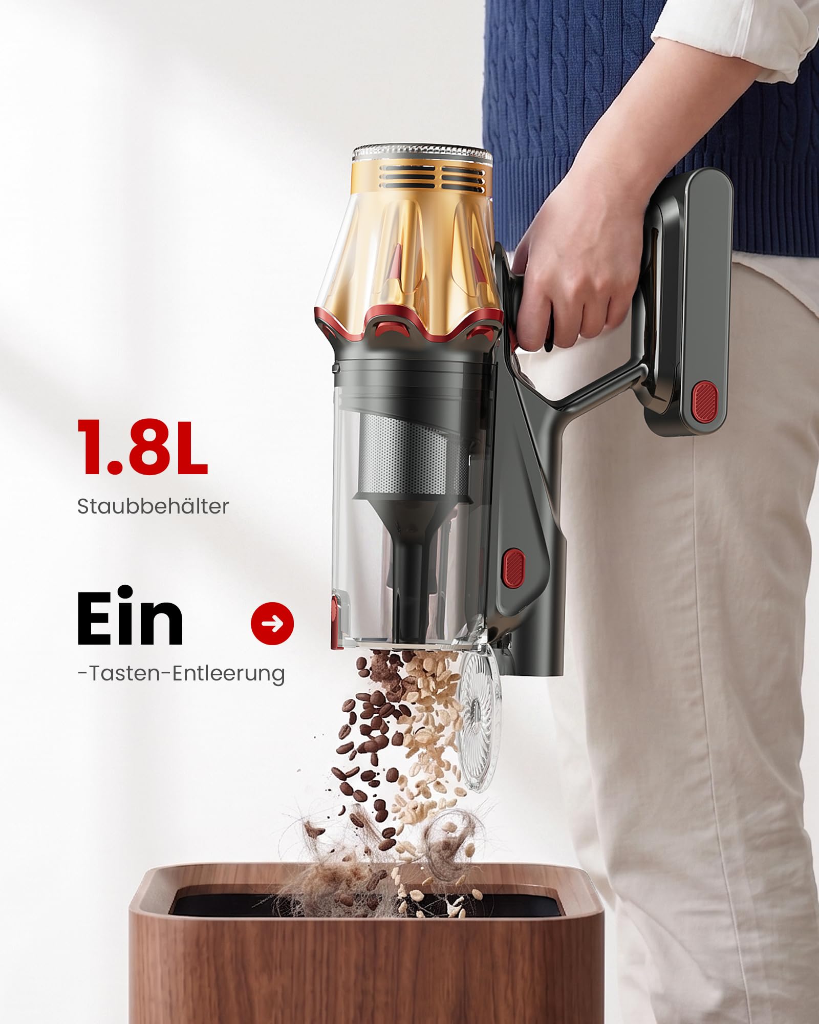 Akku Staubsauger 55KPa/650W/70Min, 1,8L Großer Staubsauger Kabellos LED Display, Anti-Tangle-Bürste, Selbststehend, Wandladestation, 1.5M Schlauch, Ultraleise, für Tierhaare/Teppiche/Hartböden/Auto