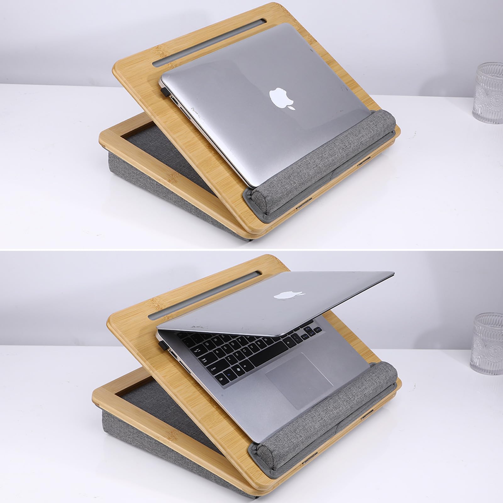 SUMISKY Regulowany stojak na laptopa z poduszką, bambusowa platforma z uchwytem na telefon, podkładka pod nadgarstek pasuje do laptopów o przekątnej do 15,6 cala
