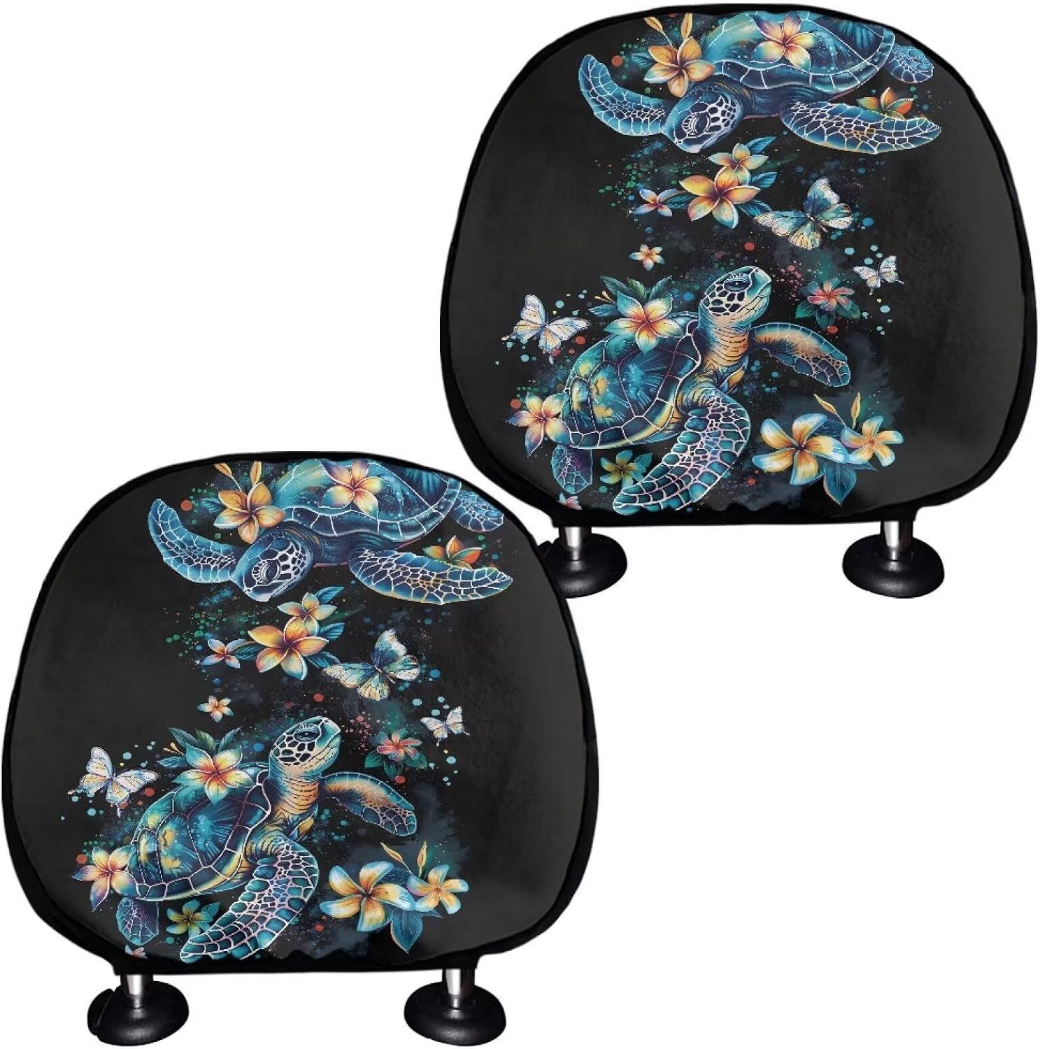 Bulopur Sea Turtle Headrest Pillow Cover for Car Boho Floral Car Headrest Covers Set of 2 Pieces Stretchy Fabric Auto Interior Accessories