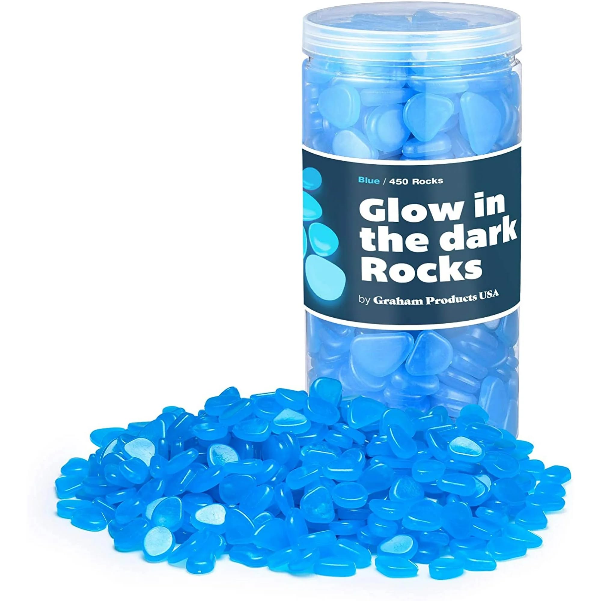 Graham Products 450 Pieces Glow in The Dark Rocks | Indoor & Outdoor Use - Garden, Fish Tank Pebbles, Planter, Walkway, Driveway Decoration & More | for Kids Aged 6 & Up | Powered by Sunlight - Blue
