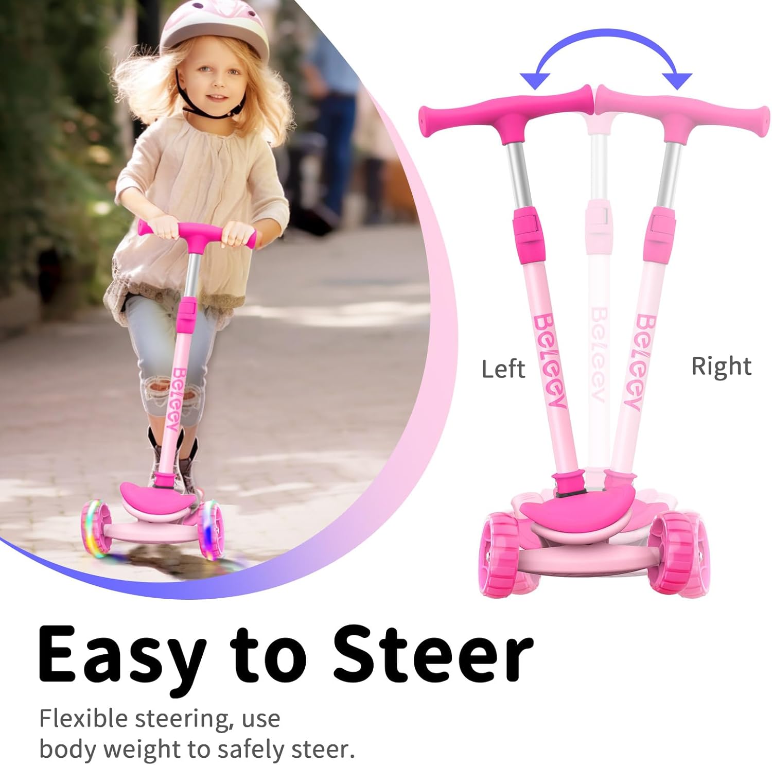 BELEEV A8 Scooter for Kids Ages 3-12, 3 Wheel Folding Scooter & LED Scooter Frame Light for Night Riding, 11 Flashing Effects