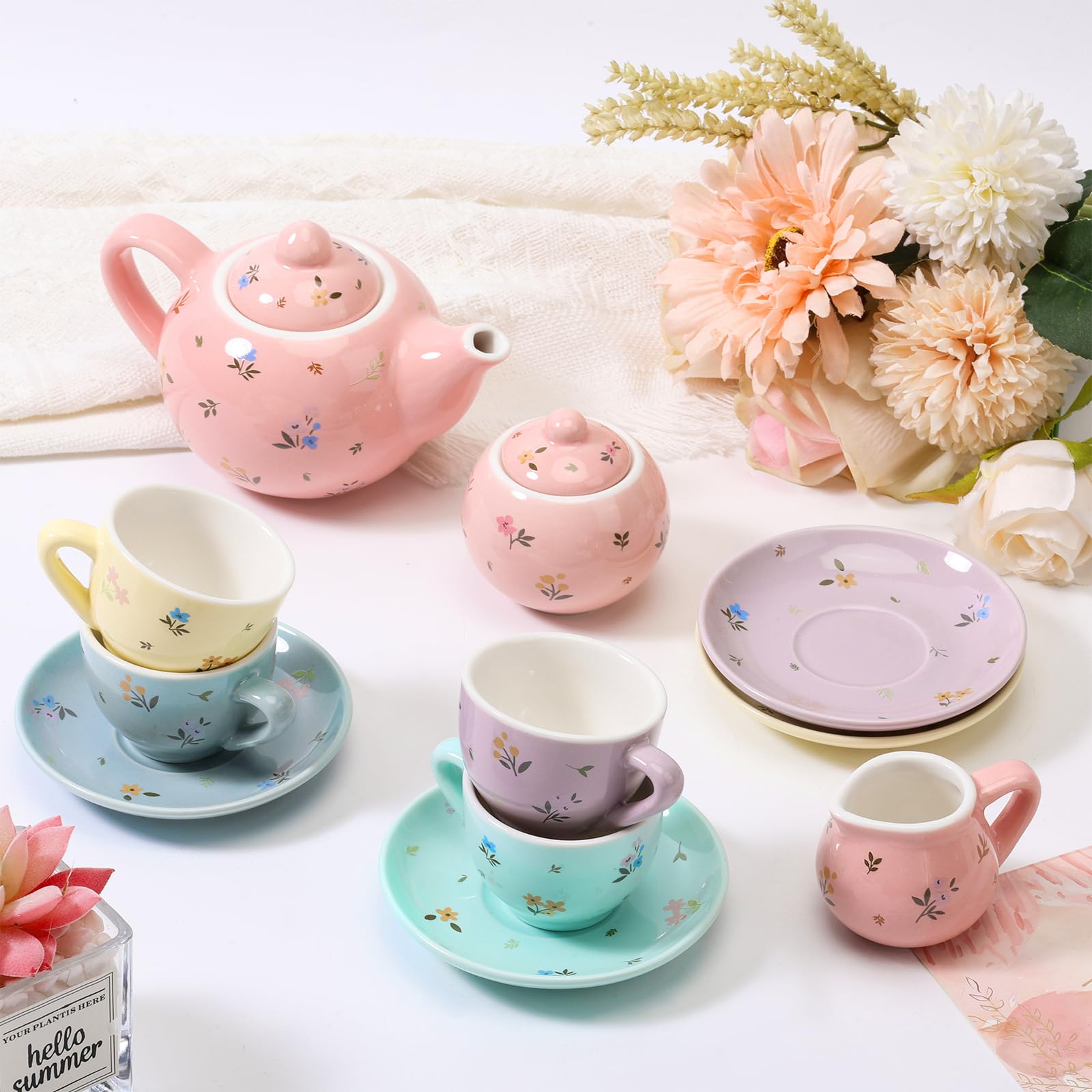 CHENP.HMC Juego de fiesta de té para niñas pequeñas, juegos de 13 piezas para fiesta de té de lata con tazas, platillos, platos y bandejas para servir, regalo de cumpleaños para niñas (HWC)