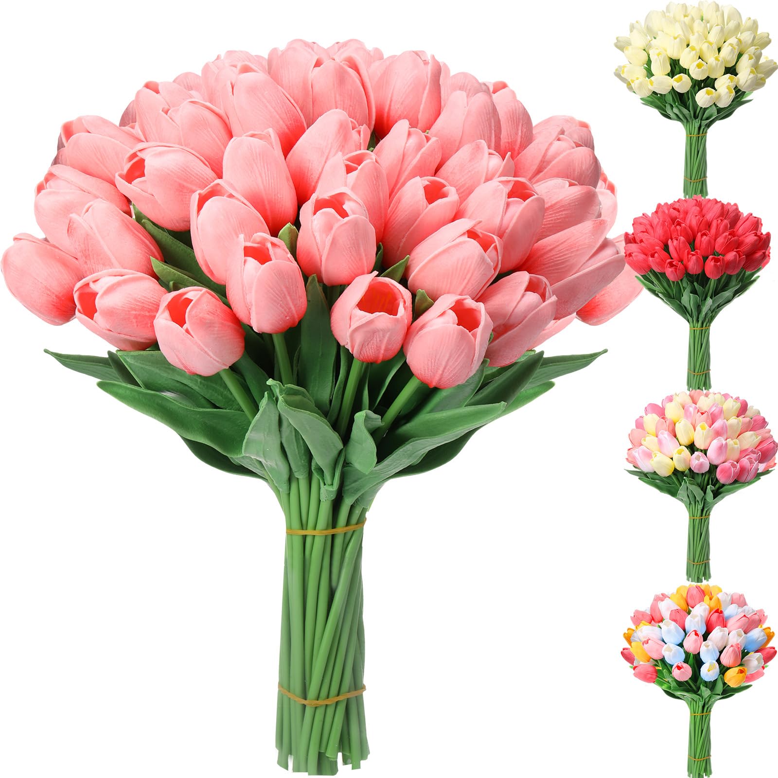 Hotop 40 Pcs Artificial Tulips Faux Tulips PU Real Look Tulips Latex Tulip Artificial Plastic Flowers Fake Bouquet for Decoration Dining Table Wedding(Pink)