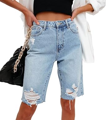 HBER Womens Ripped Bermuda Shorts High Waisted Denim Shorts Ripped Distressed Jean Shorts