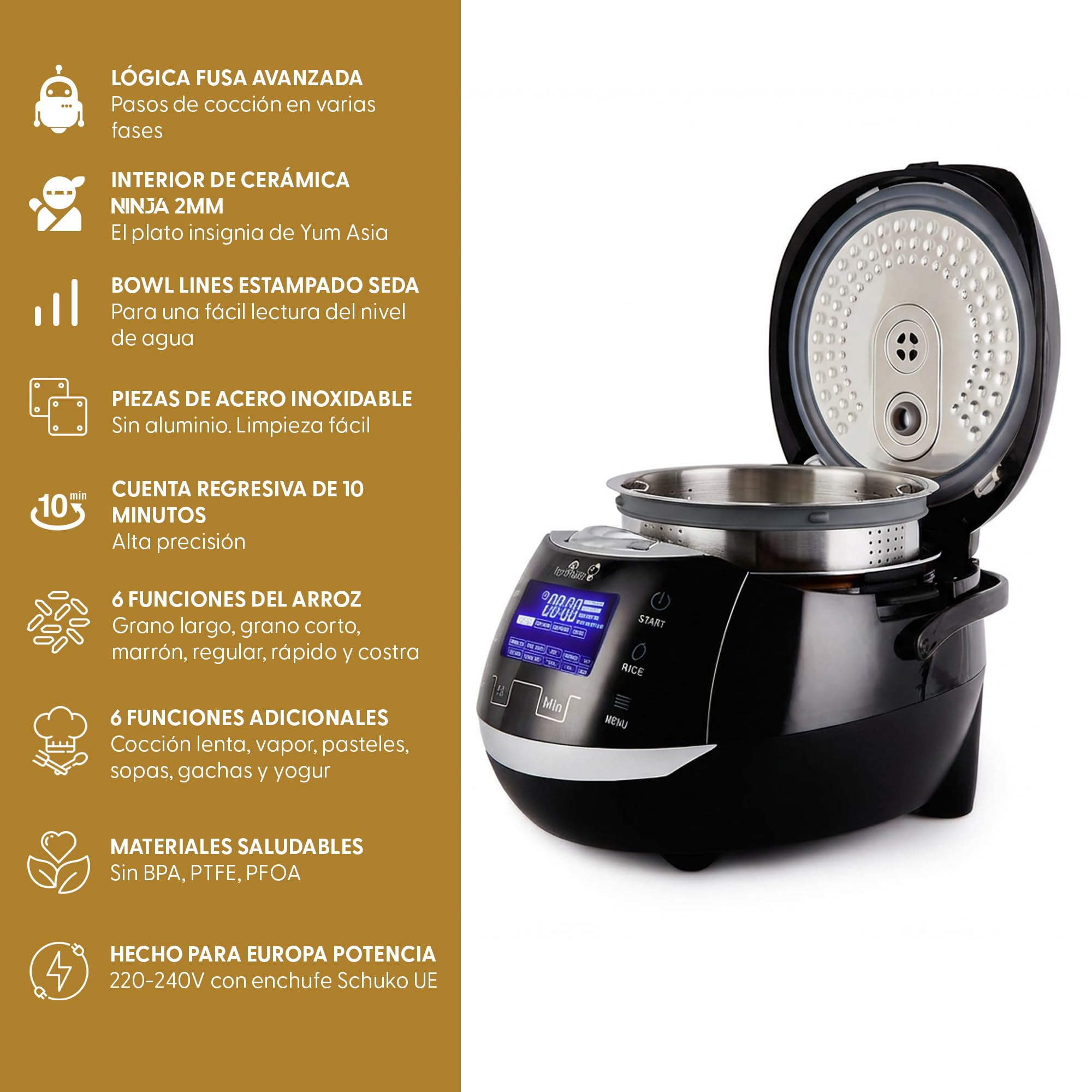 Yum Asia Sakura Olla arrocera con cuenco de cerámica y lógica difusa avanzada (8 tazas, 1,5 litros) 6 funciones de cocción de arroz, 6 funciones de multicocina, pantalla LED Motouch, 220-240V EU