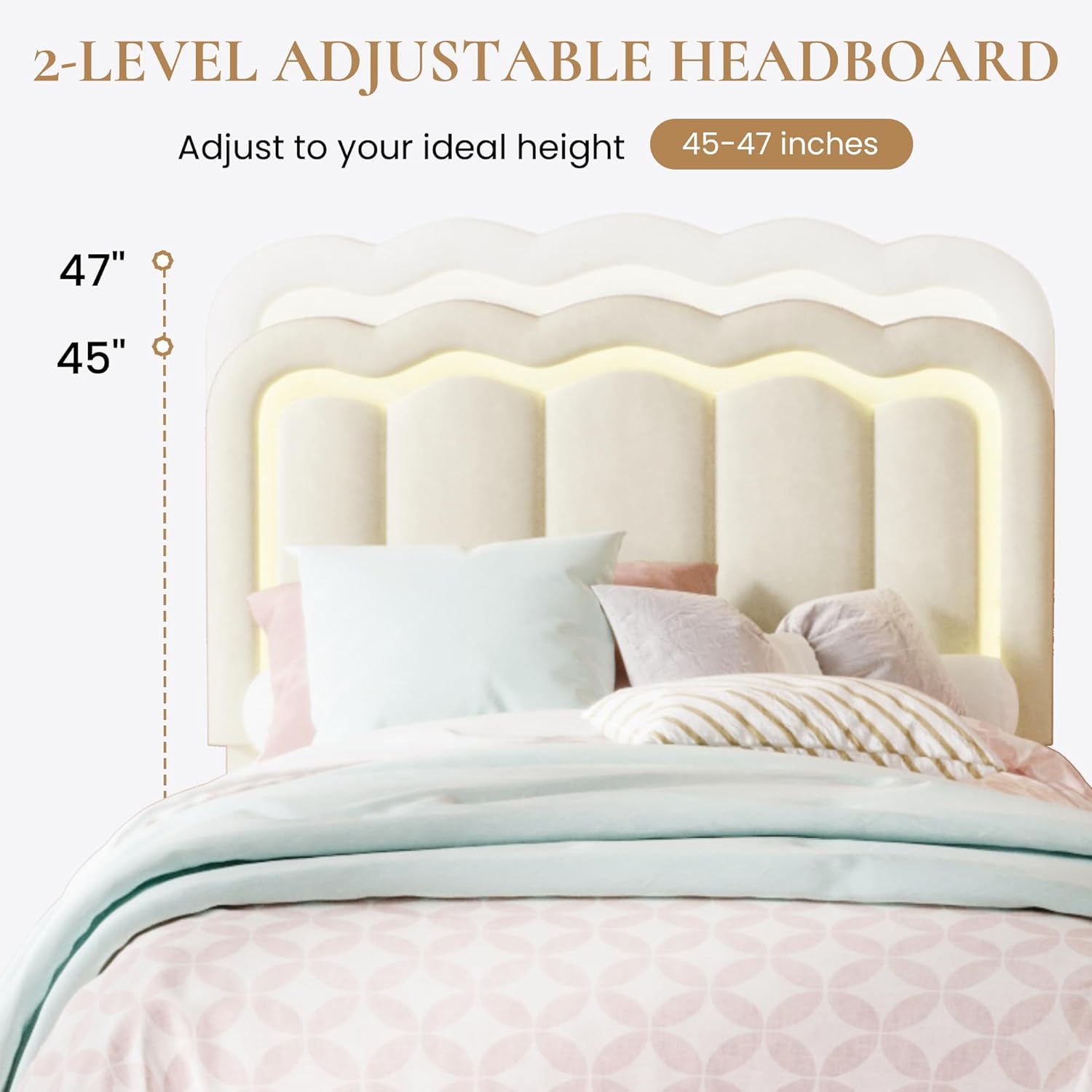 SHA CERLIN Upholstered Twin Size Bed Frame with LED Lights and Large Storage Drawer, Velvet Platform Bed with Adjustable Wavy Headboard, Noise Free, Easy Assembly, No Box Spring Needed, Soft Cream