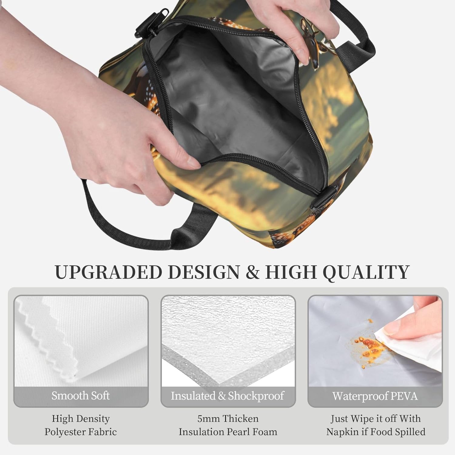 deer Print Reusable Lunch Bag Insulated Lunch Boxes for Office Work Picnic Tote Bag Adjustable