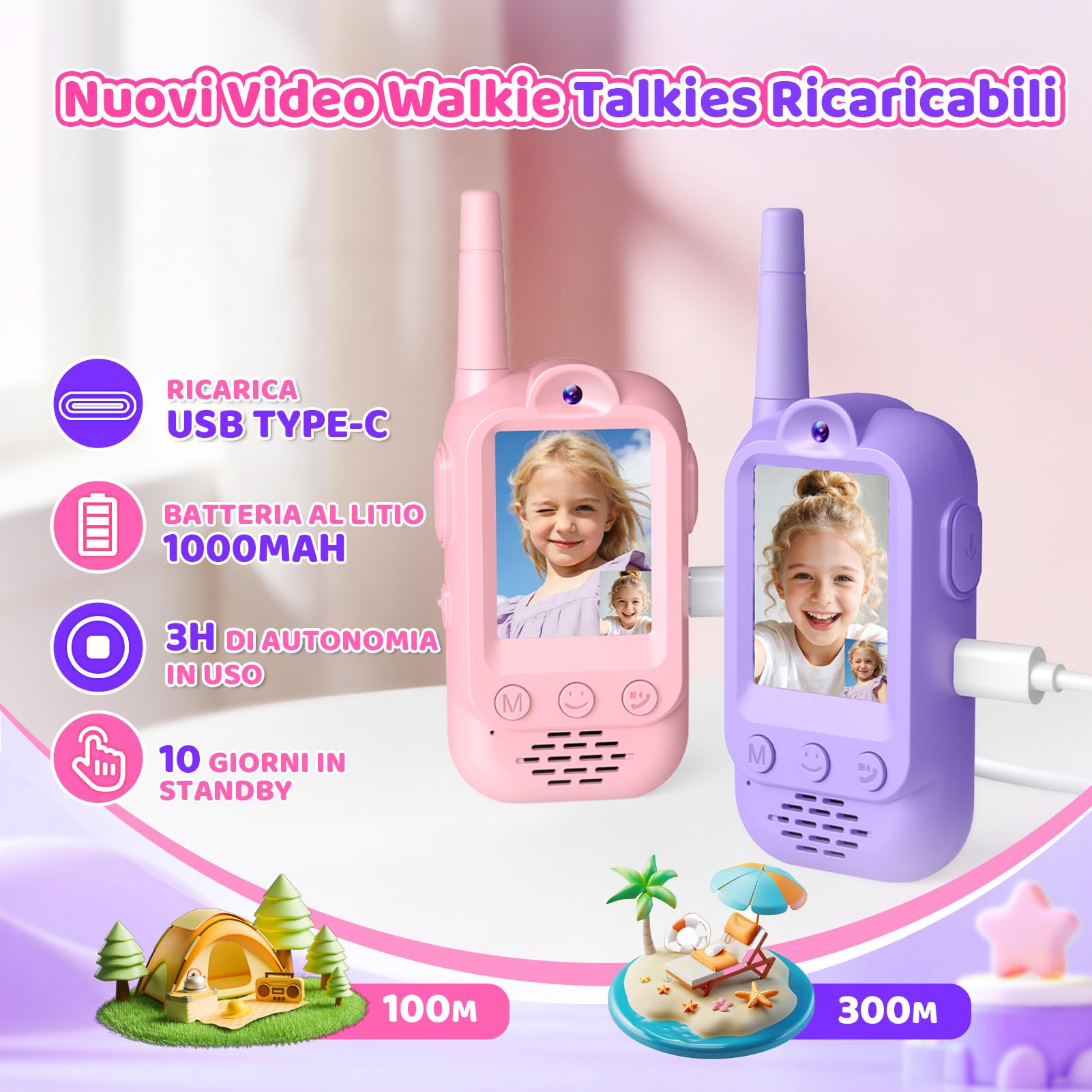iKidiki Walkie Talkie Bambini Ricaricabili, Regalo Bambina 3 4 5 6 7 8 Anni Walkie-Talkie per Bambini con Video Giocattoli Giochi Bambina 3-8 Anni Femmina Idee Regali di Compleanno per Bimba
