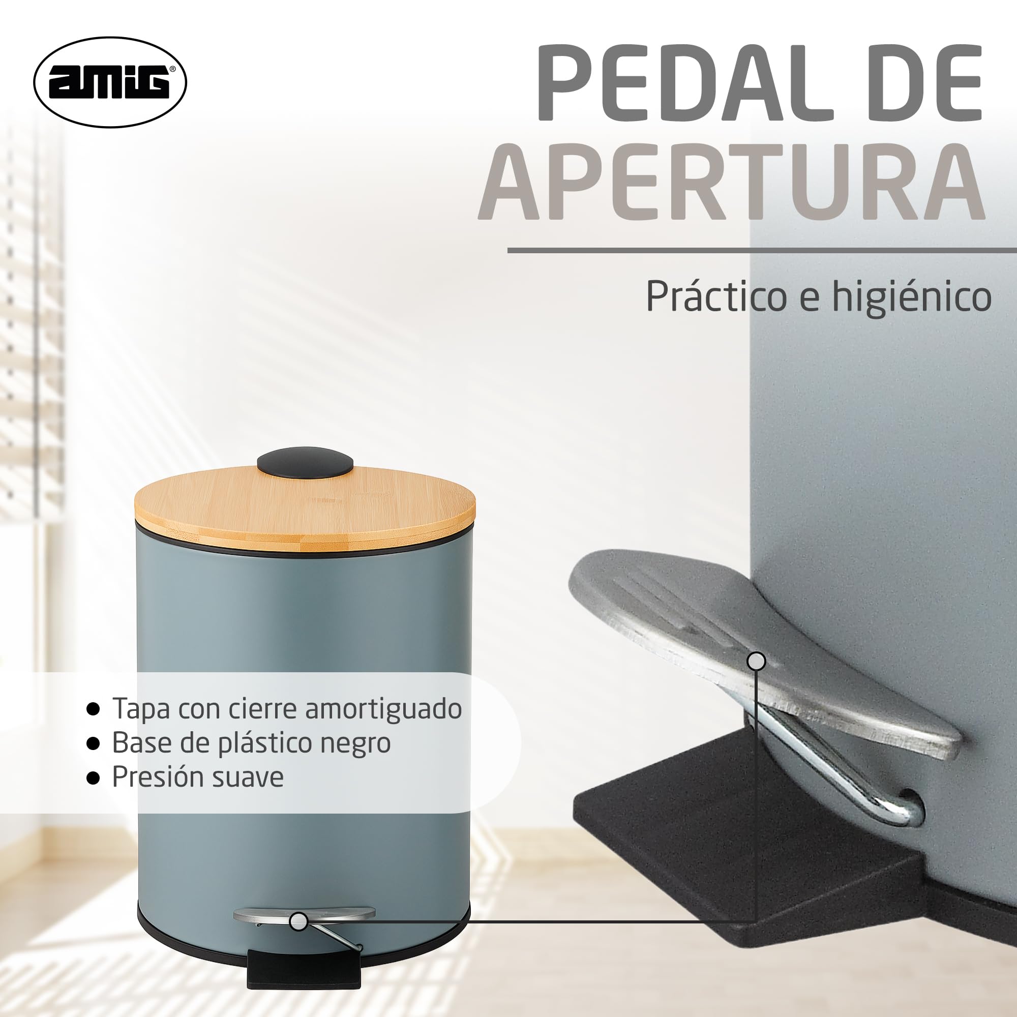 Amig Cubo Basura Baño Pedal 3 Litros Naturline Gris Bambú Acero Inoxidable Lacado 16,8x23 cm