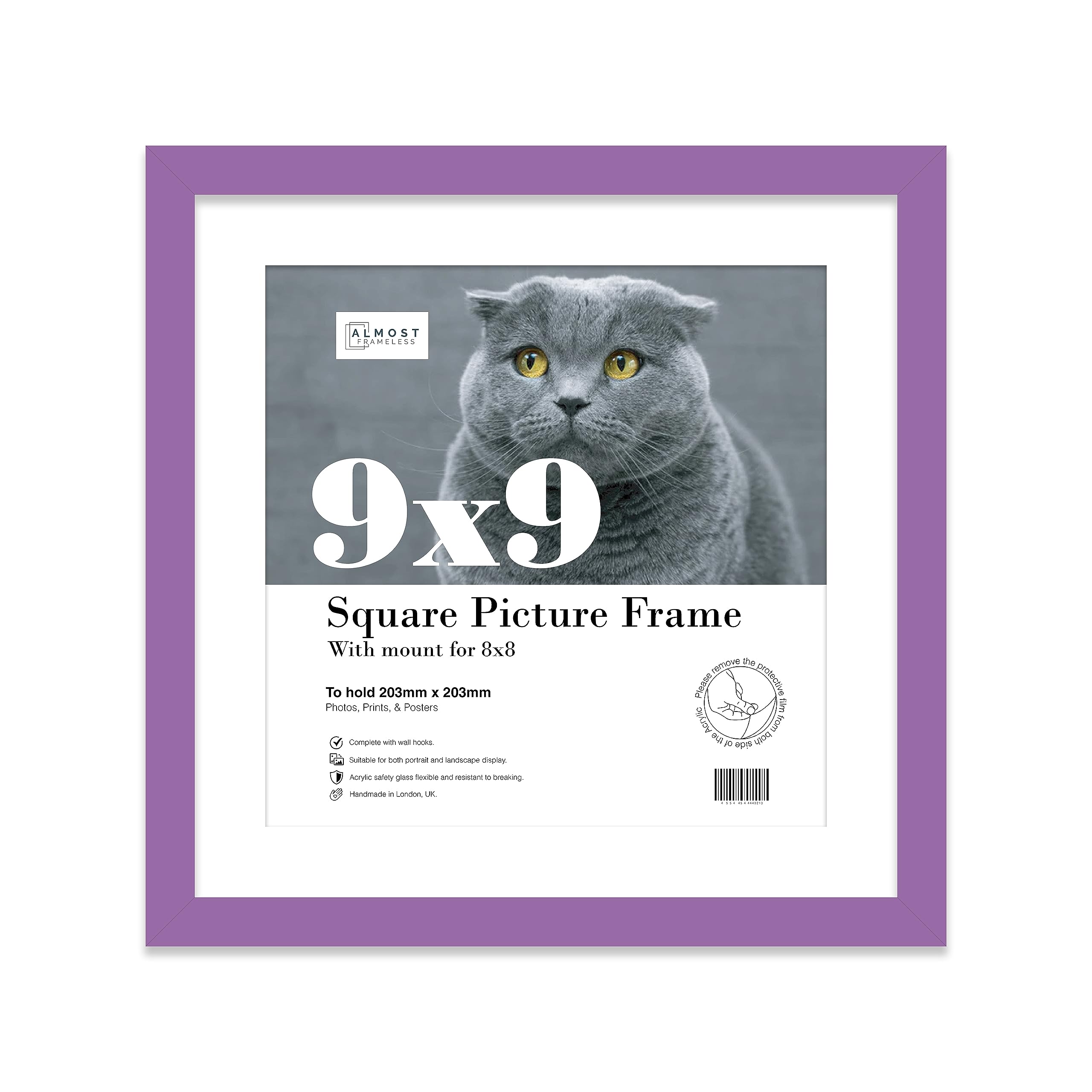 Almost Frameless 9x9 Picture Frame, Display Pictures 8x8 With Mat or 9x9 Without Mat, Wall Hanging & Free Standing Photo Frame, Purple, 1 Pack