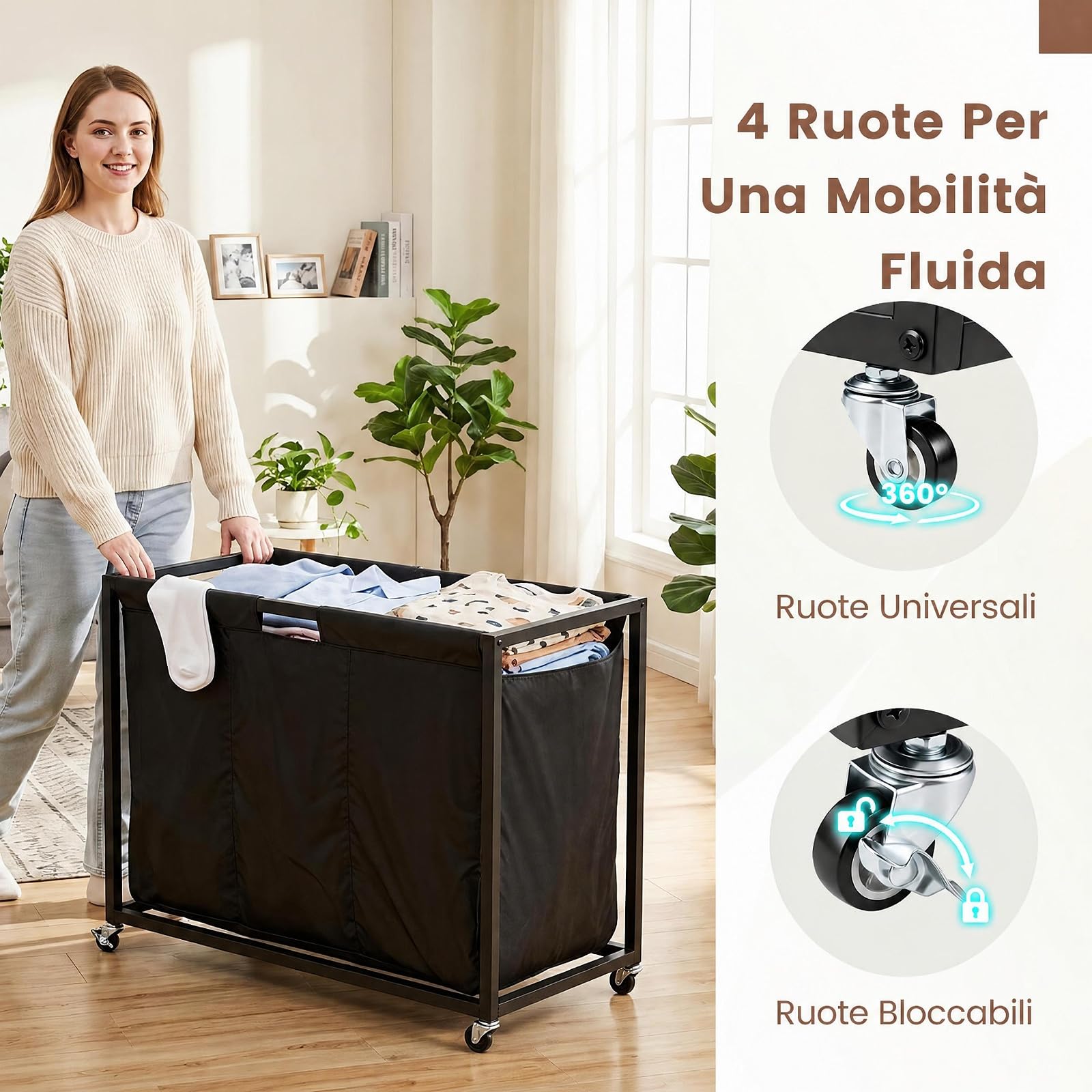 COSTWAY Cesto Portabiancheria 67,5Lcon Ruote, Tavolino con Cassetti Marrone