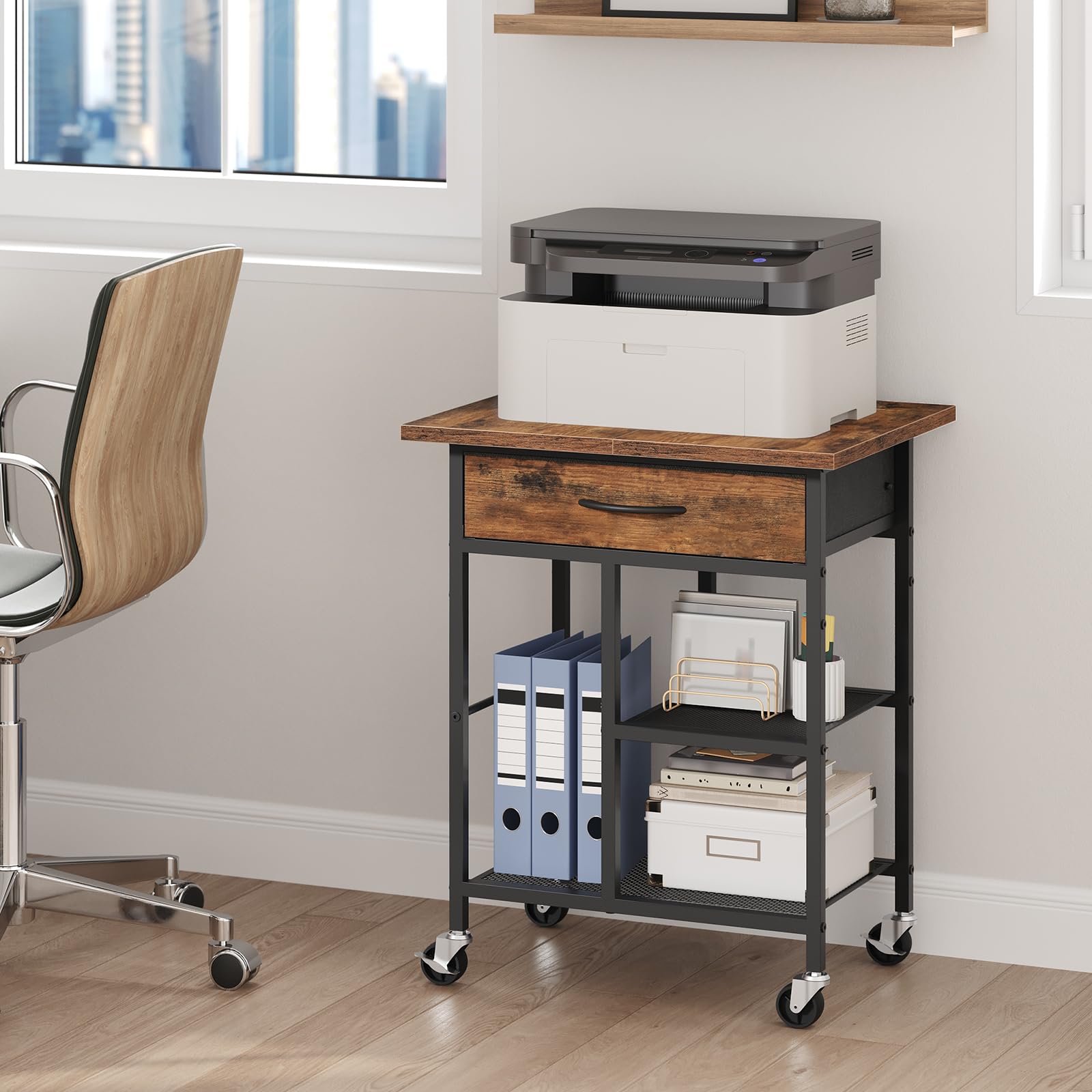 MAHANCRIS Printer Stand, Mobile Printer Table with Fabric Drawer, 3-Tier Under Desk Printer Cart with Storage Shelves, Rolling Storage Stand for Office, Study, Living Room, Rustic Brown APTHR3301